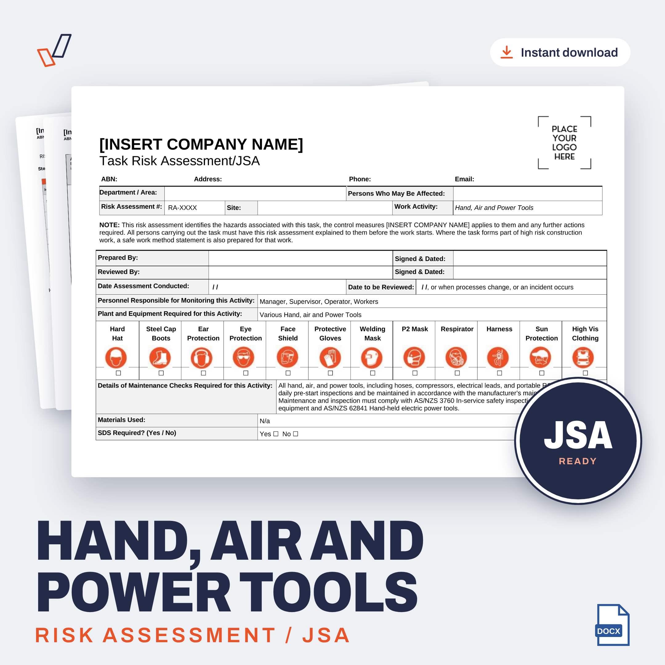 Hand, Air and Power Tools Risk Assessment/JSA editable Word template cover, Everything OHS