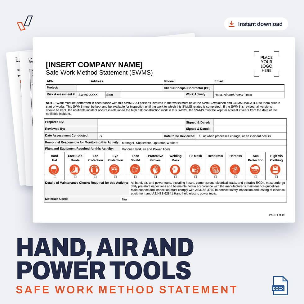 Hand, Air and Power Tools SWMS editable Word template cover, Everything OHS