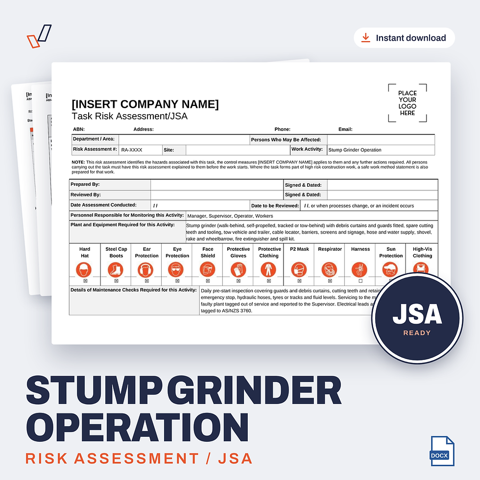 Stump Grinder Operation Risk Assessment/JSA editable Word template cover, Everything OHS