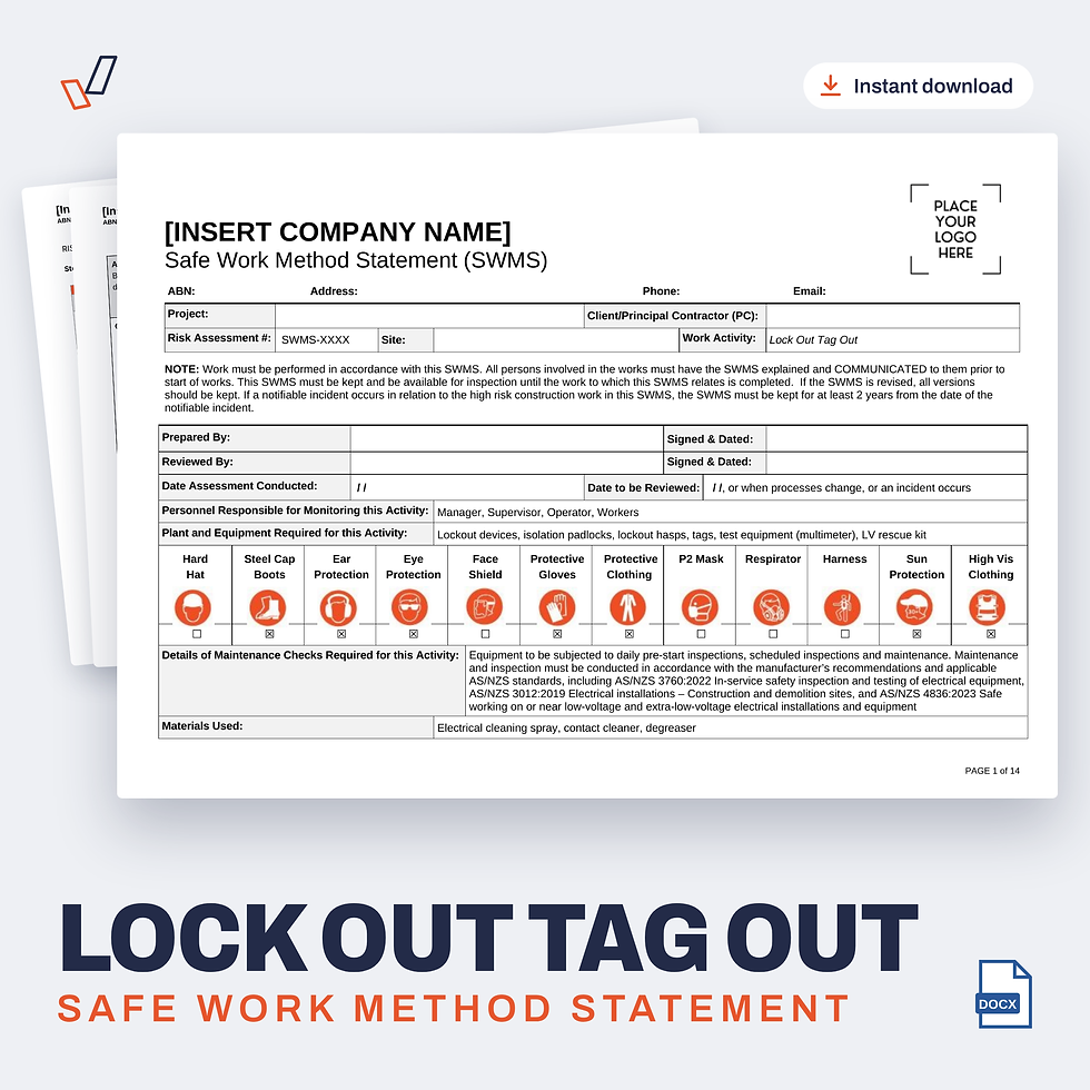Lock Out Tag Out SWMS editable Word template cover, Everything OHS