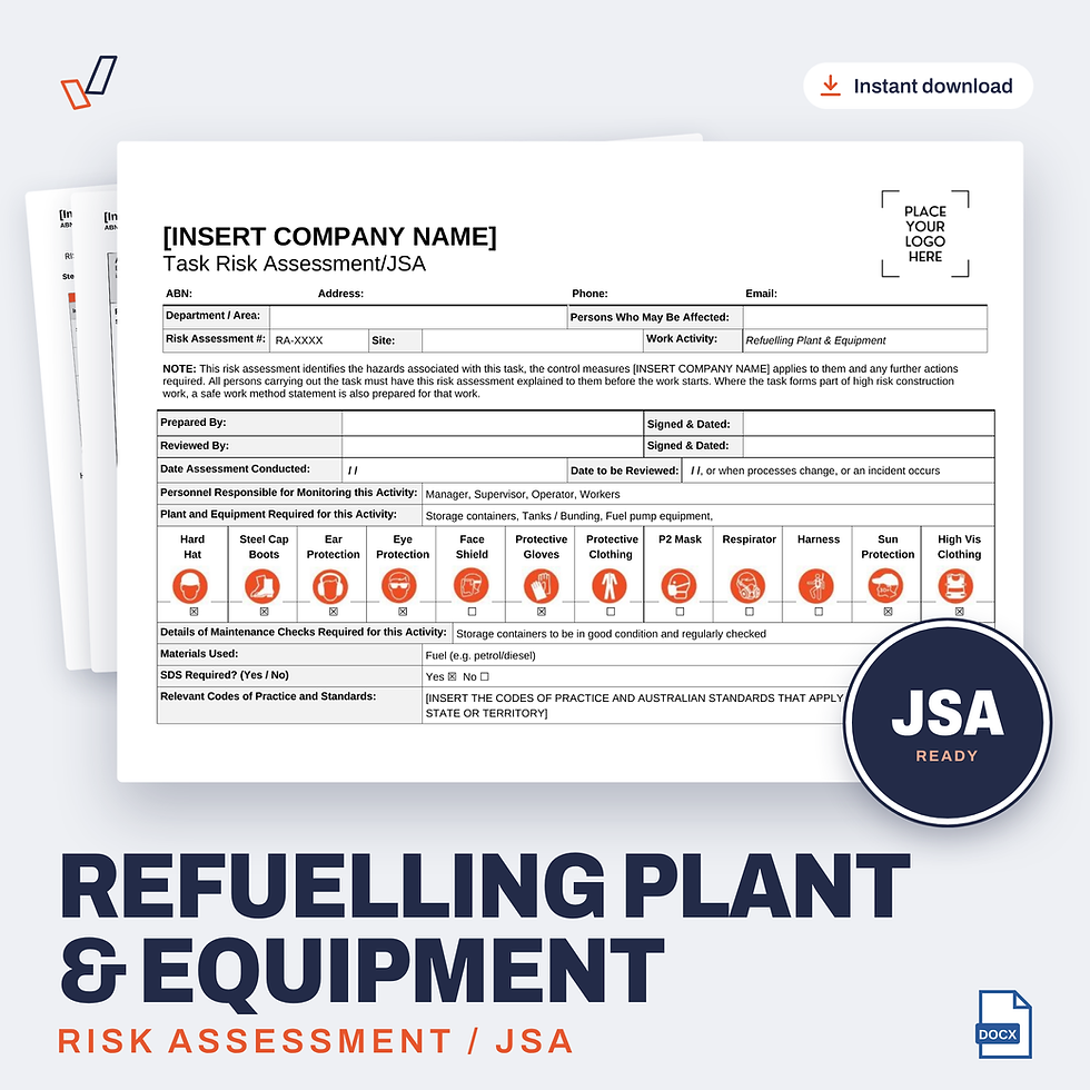 Refuelling Plant & Equipment Risk Assessment/JSA editable Word template cover, Everything OHS