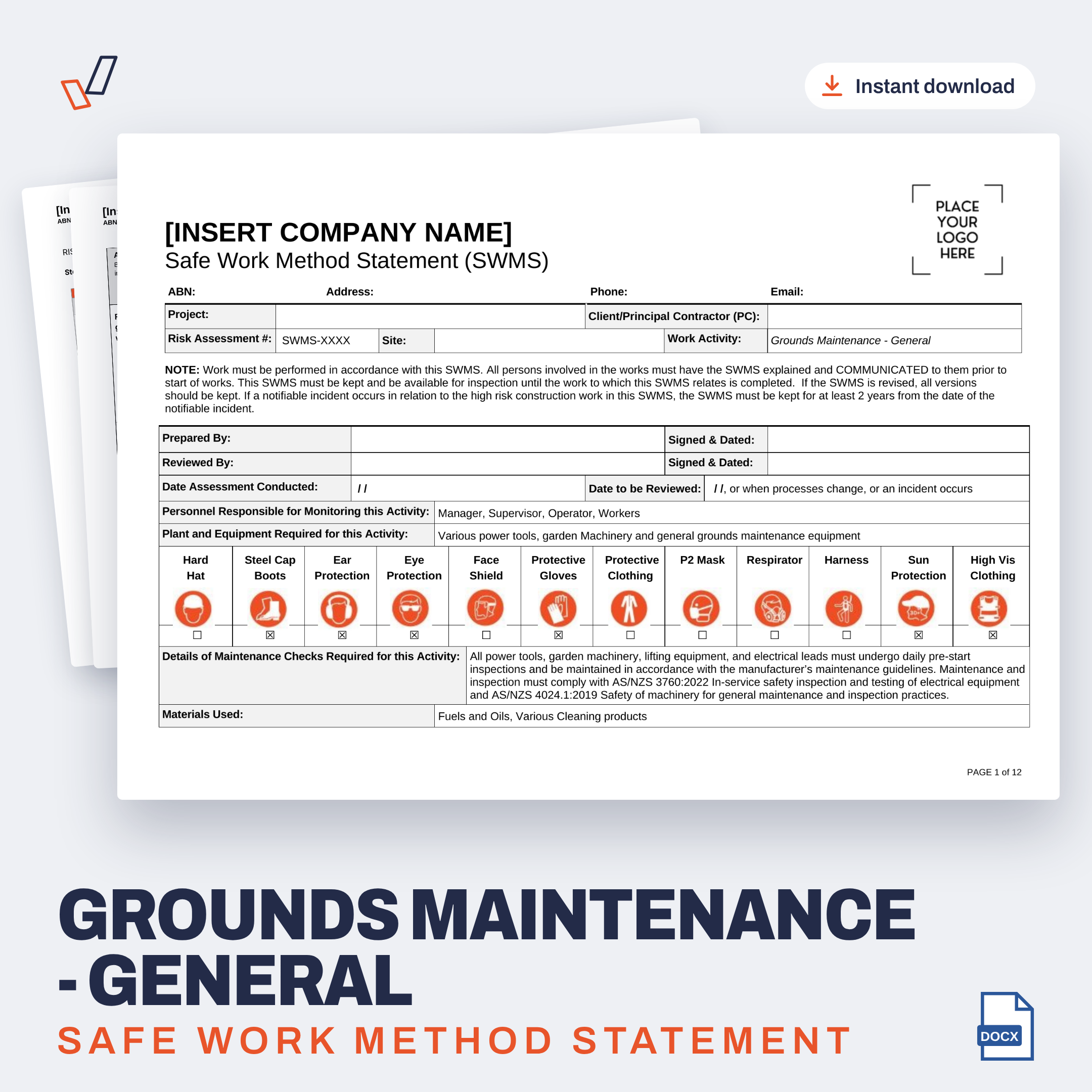 Grounds Maintenance (General) SWMS editable Word template cover, Everything OHS