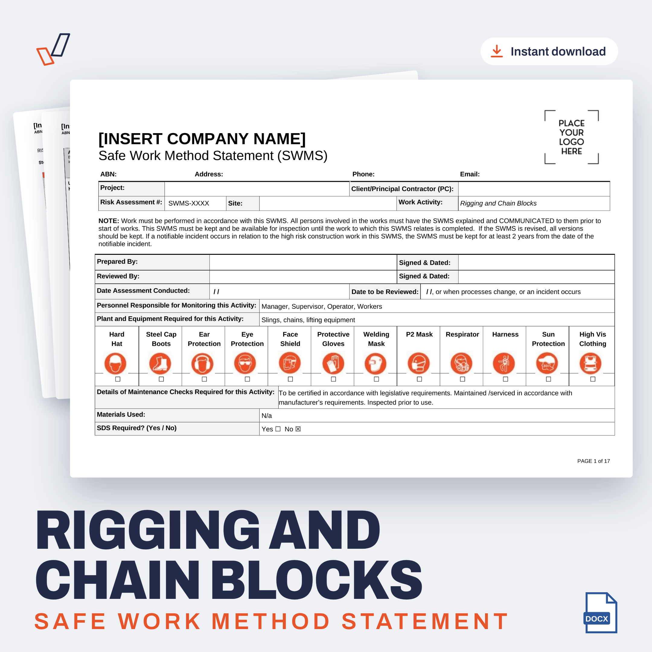 Rigging and Chain Blocks SWMS editable Word template cover, Everything OHS