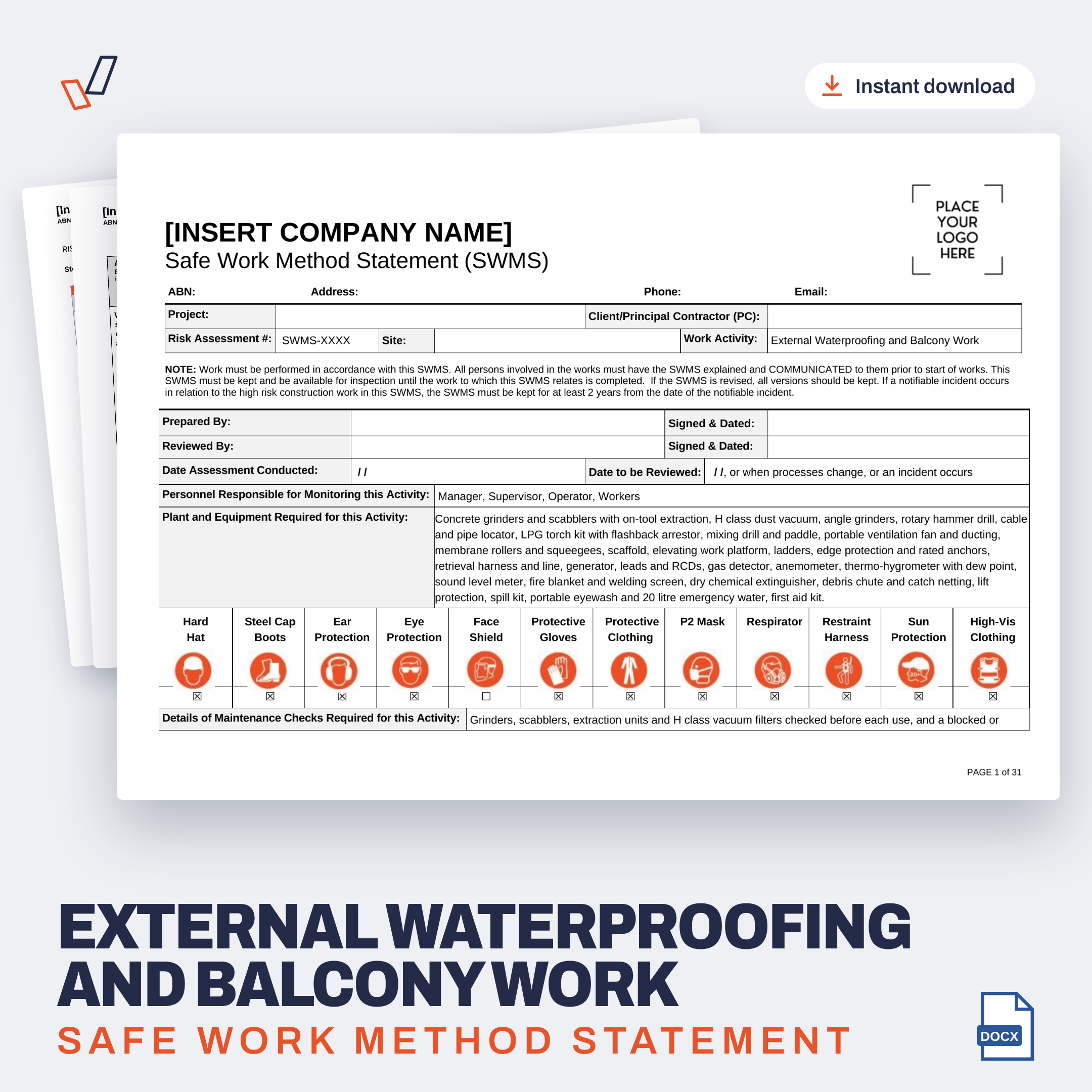 External Waterproofing and Balcony Work SWMS editable Word template cover, Everything OHS