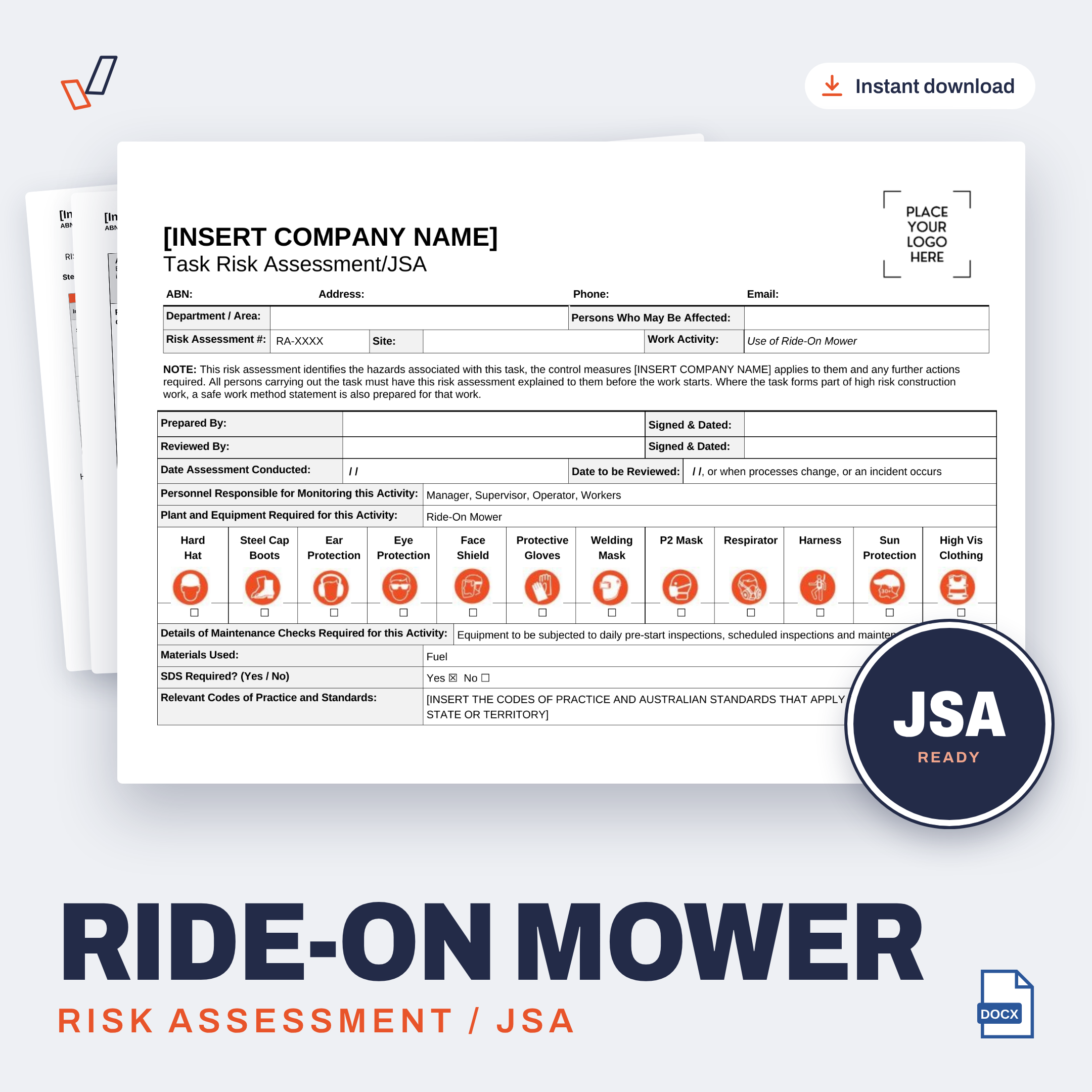 Ride-On Mower Risk Assessment/JSA editable Word template cover, Everything OHS