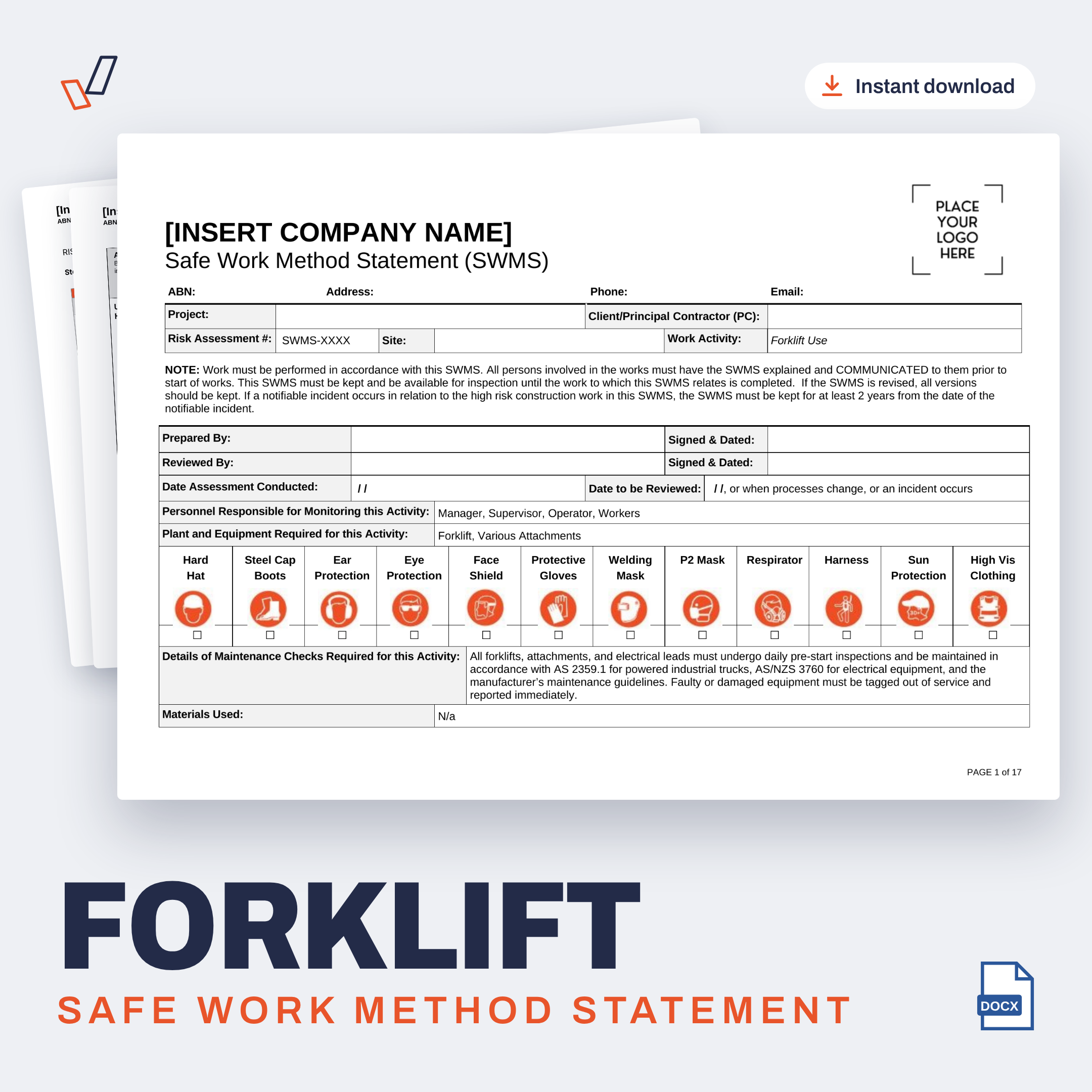 Forklift SWMS editable Word template cover, Everything OHS
