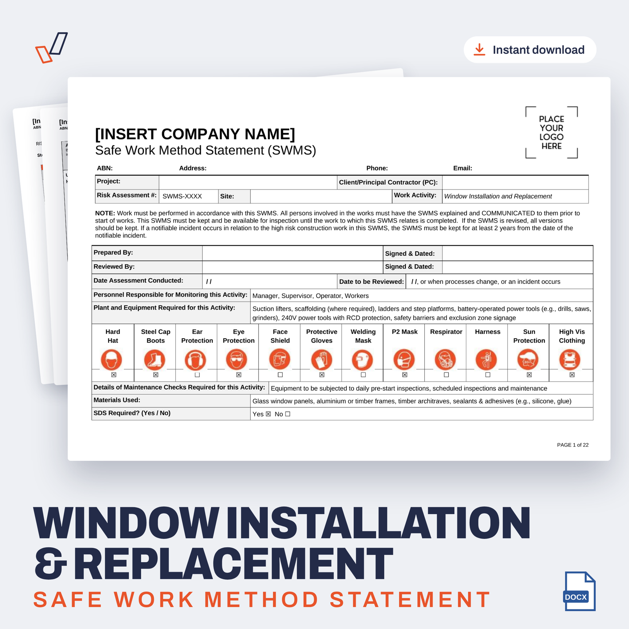 Window Installation & Replacement SWMS editable Word template cover, Everything OHS