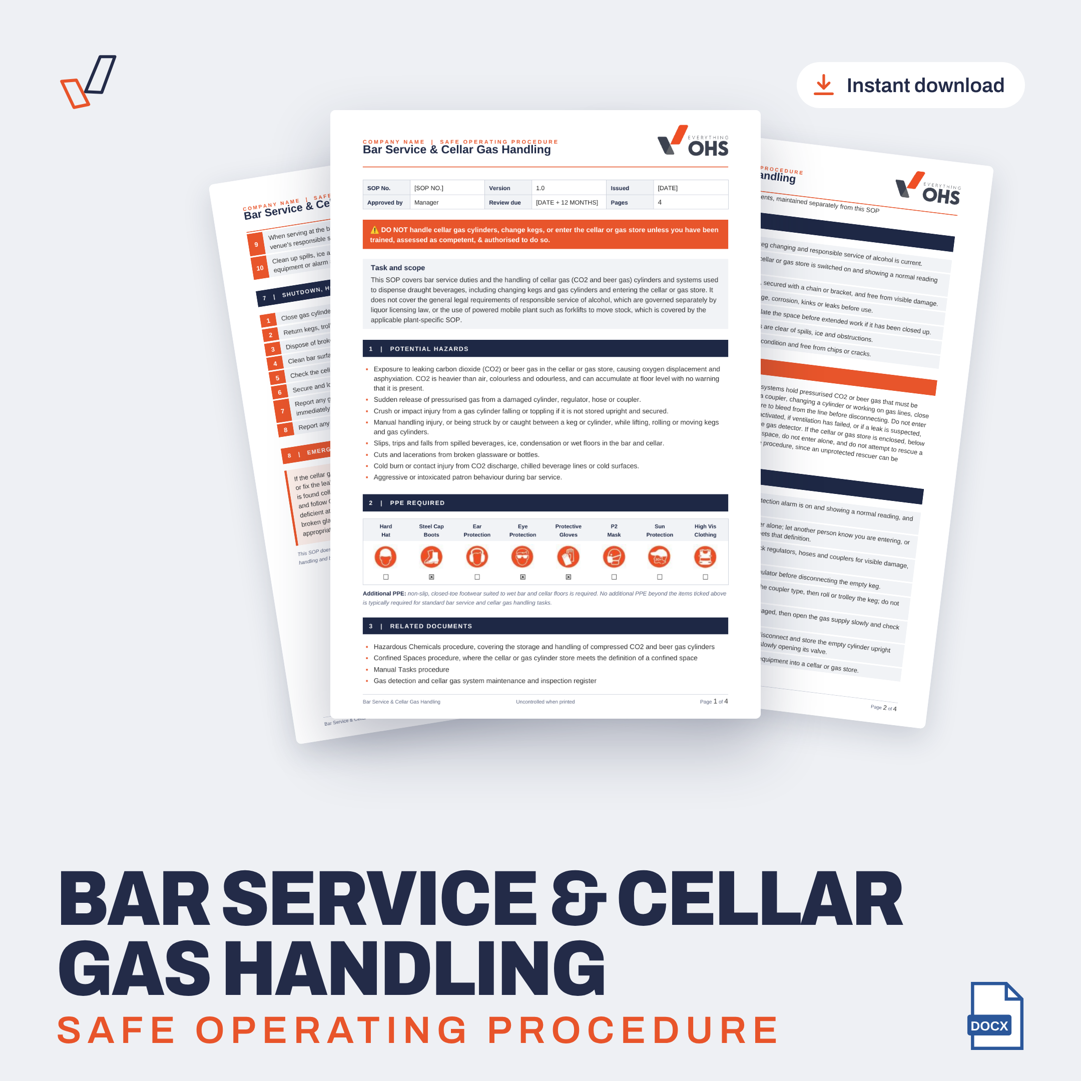 Bar Service & Cellar Gas Handling SOP editable Word template cover, Everything OHS