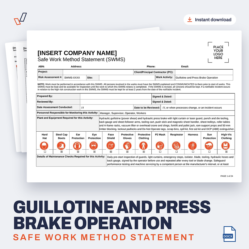 Guillotine and Press Brake Operation SWMS editable Word template cover, Everything OHS