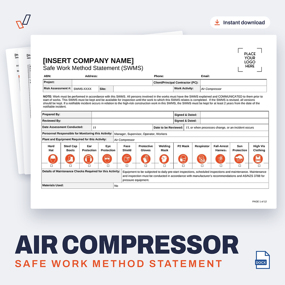 Air Compressor SWMS editable Word template cover, Everything OHS