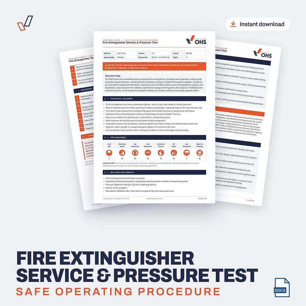 Fire Extinguisher Service & Pressure Test SOP editable Word template cover, Everything OHS