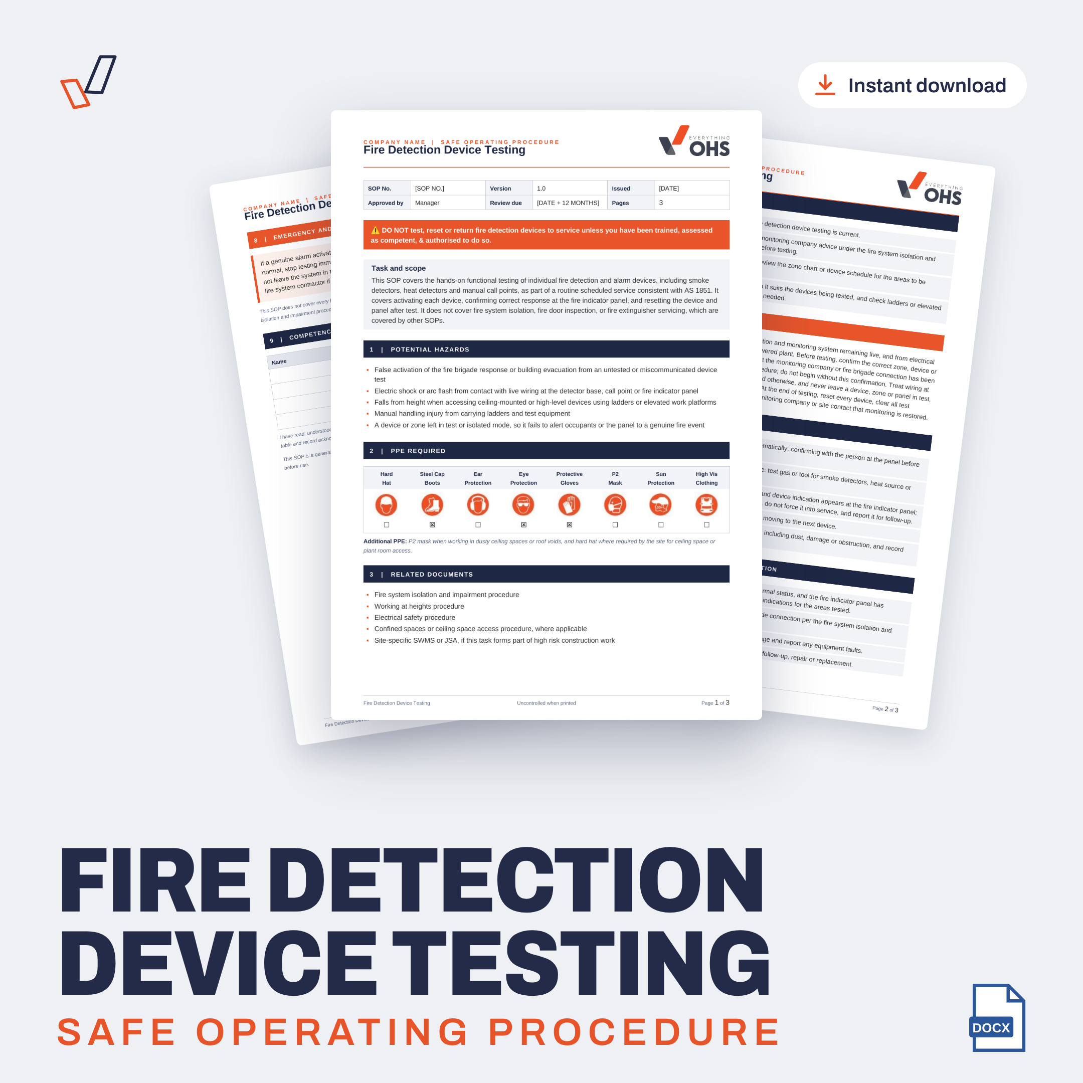 Fire Detection Device Testing SOP editable Word template cover, Everything OHS