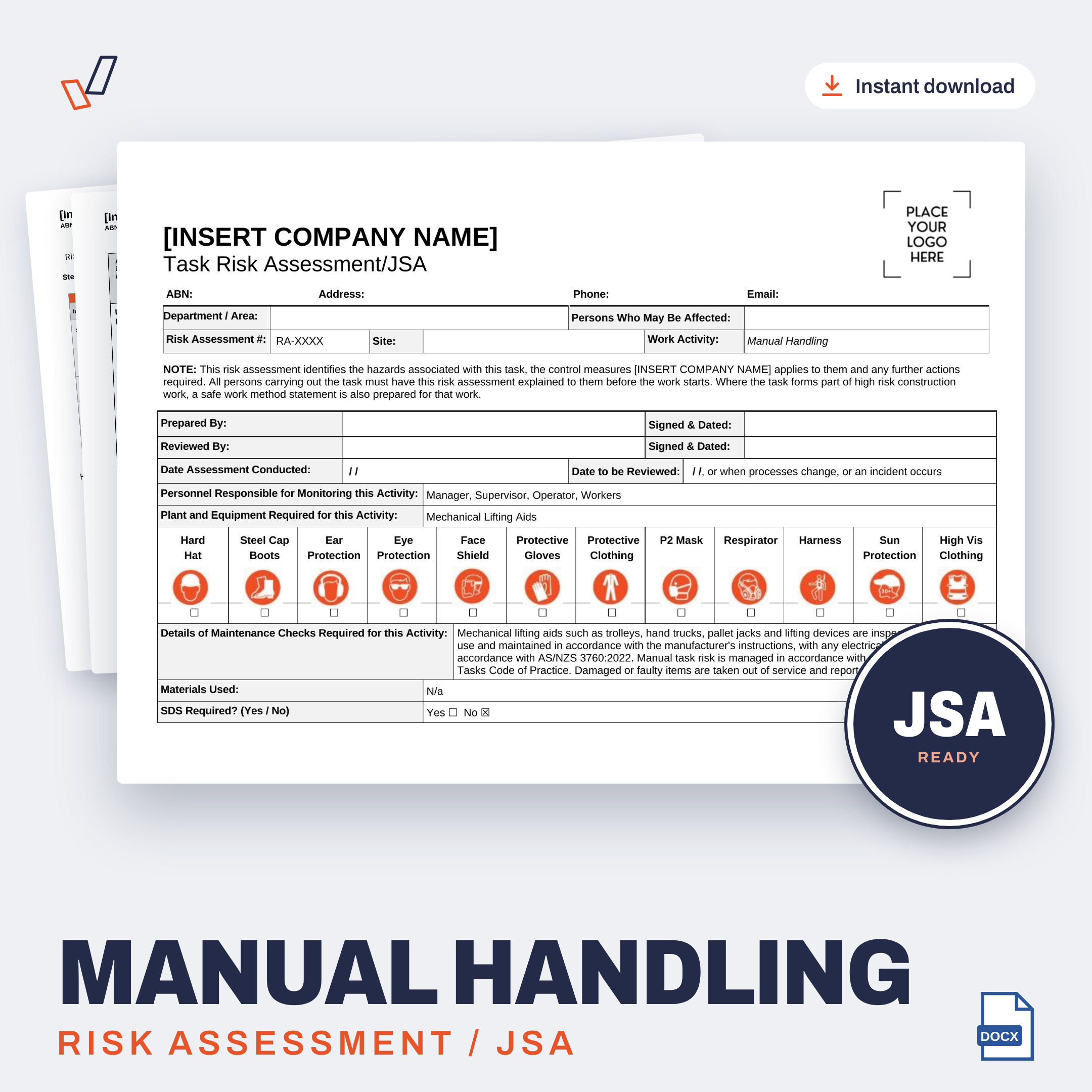Manual Handling Risk Assessment/JSA editable Word template cover, Everything OHS