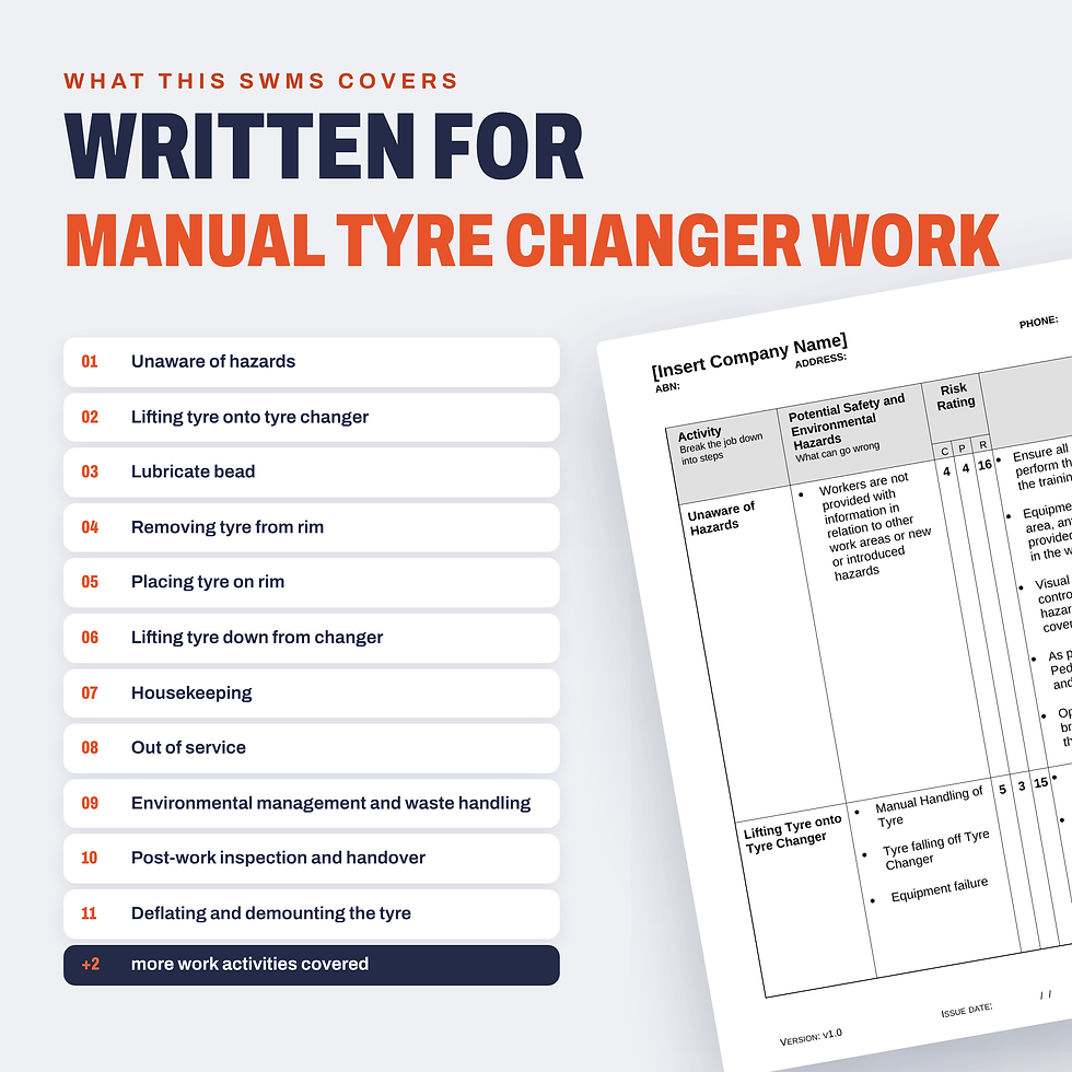 Work activities covered in the Manual Tyre Changer SWMS
