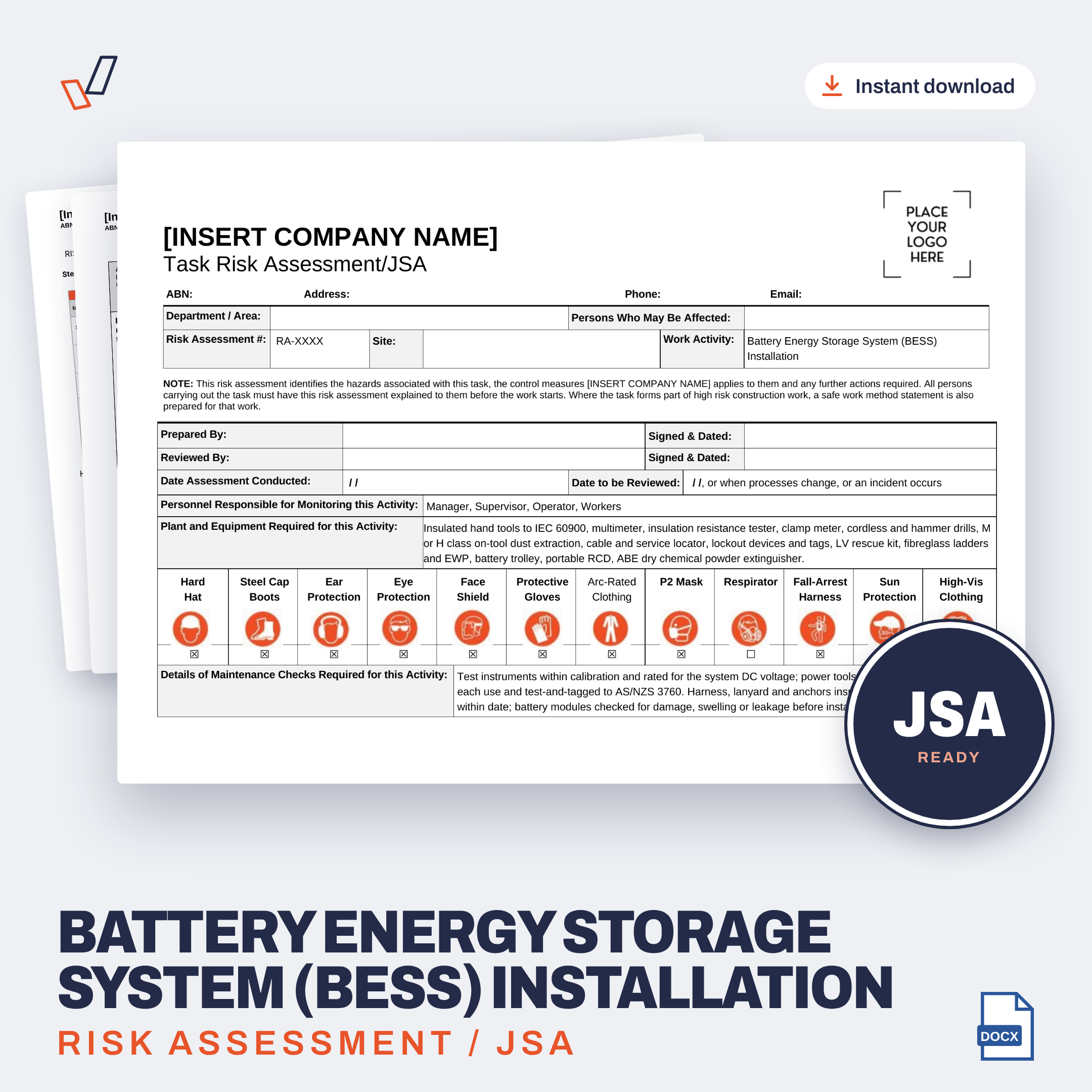 Battery Energy Storage System (BESS) Installation Risk Assessment/JSA editable Word template cover, Everything OHS