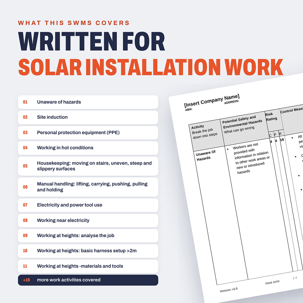 Work activities covered in the Solar Installation SWMS