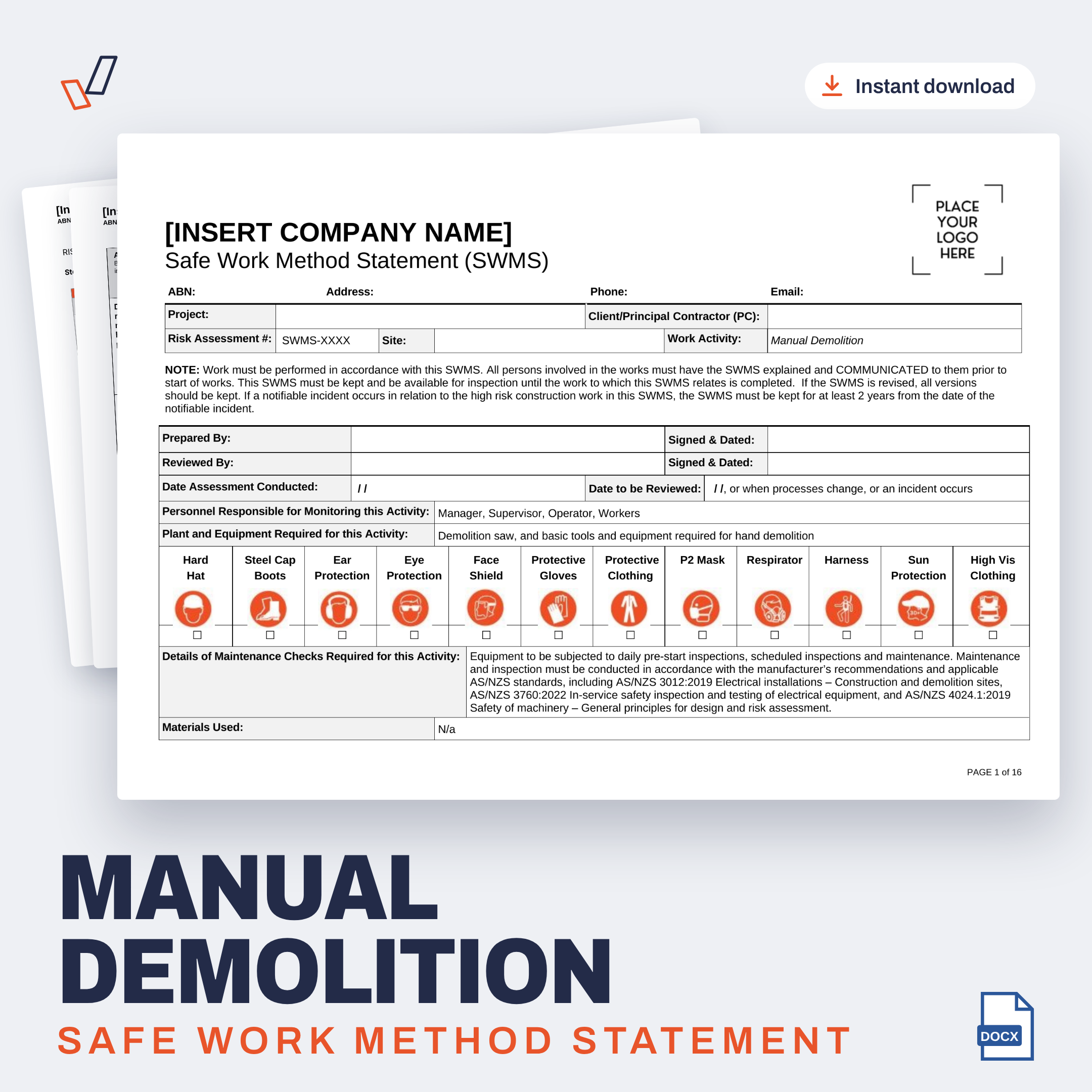 Manual Demolition SWMS editable Word template cover, Everything OHS