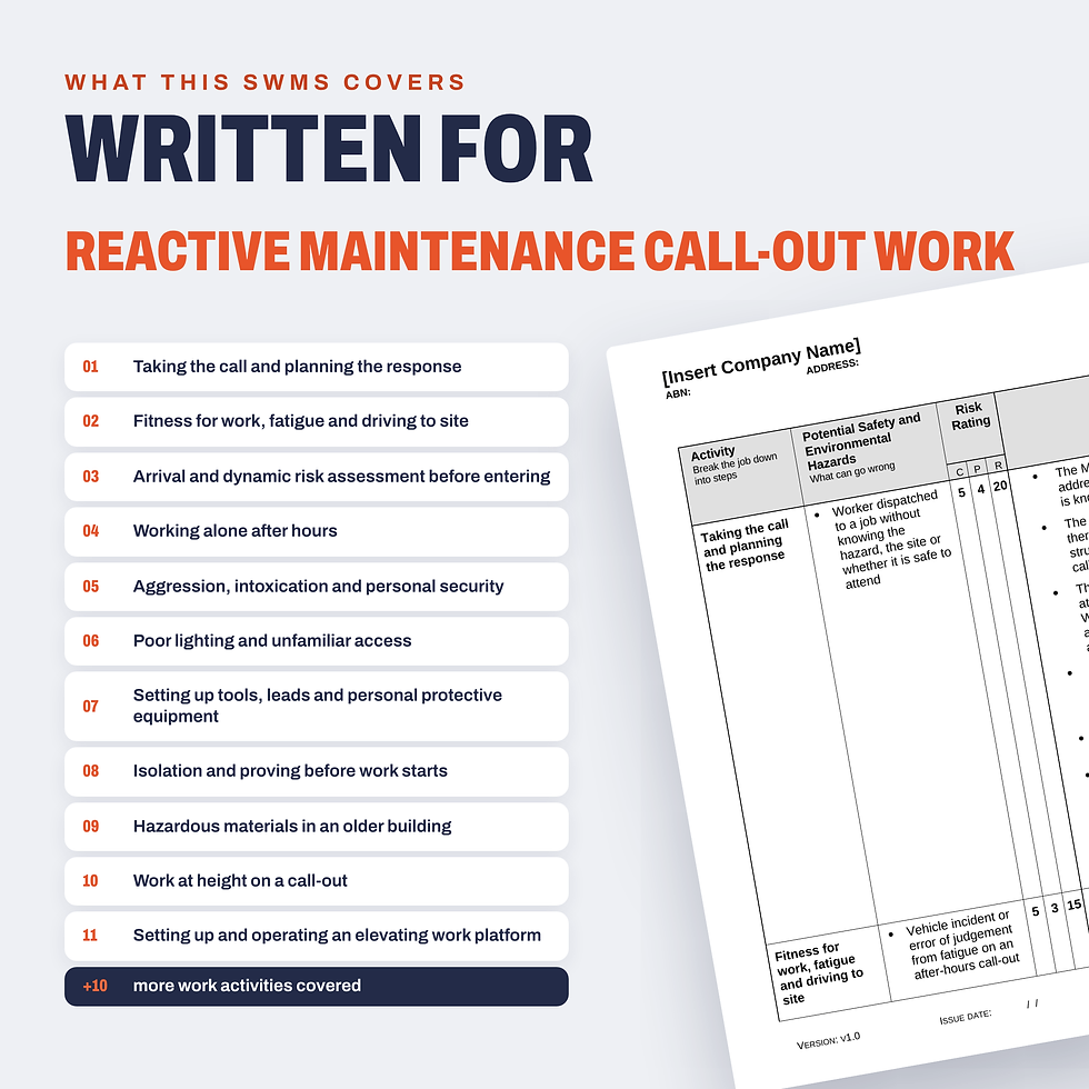 Work activities covered in the Reactive Maintenance Call-Out SWMS