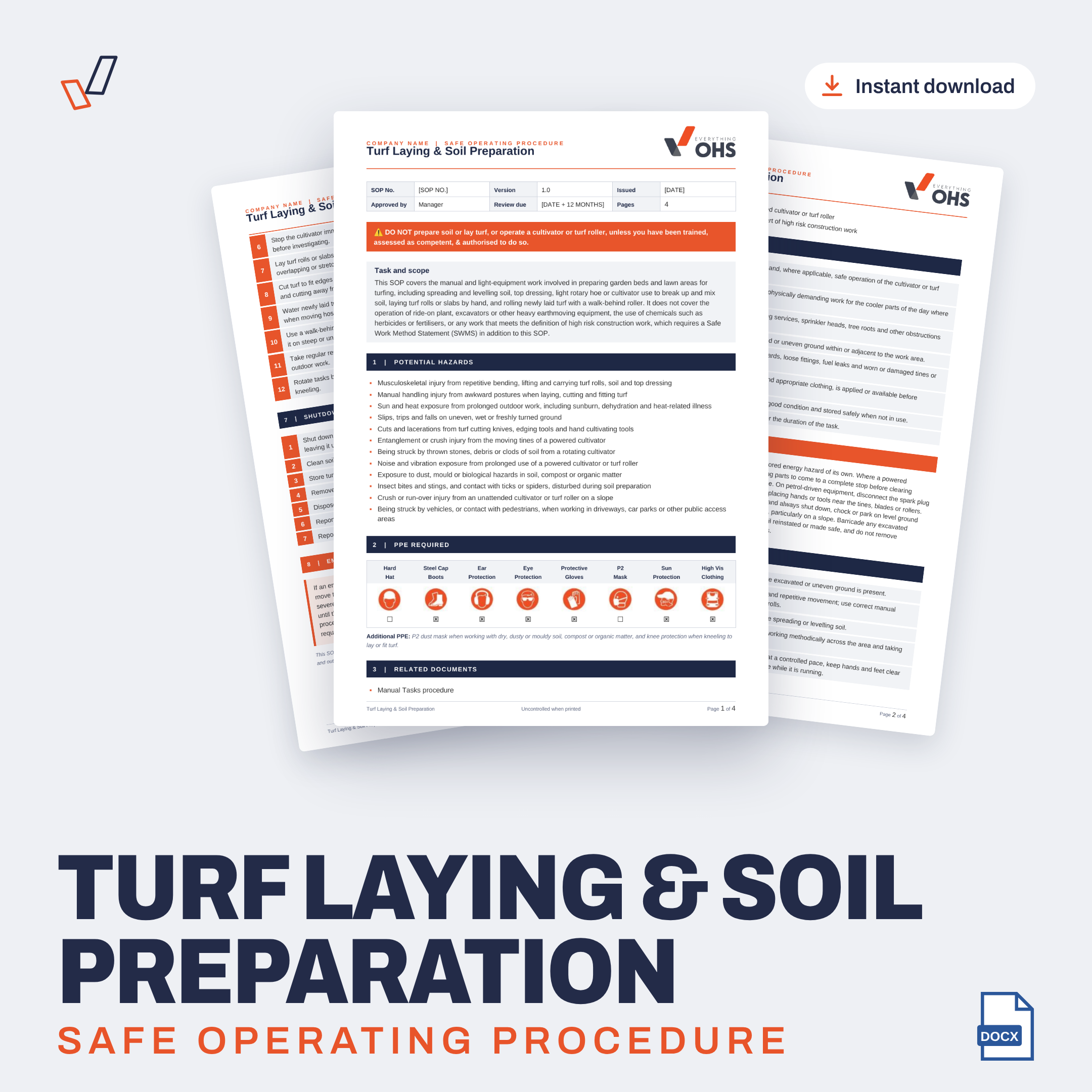 Turf Laying & Soil Preparation SOP editable Word template cover, Everything OHS
