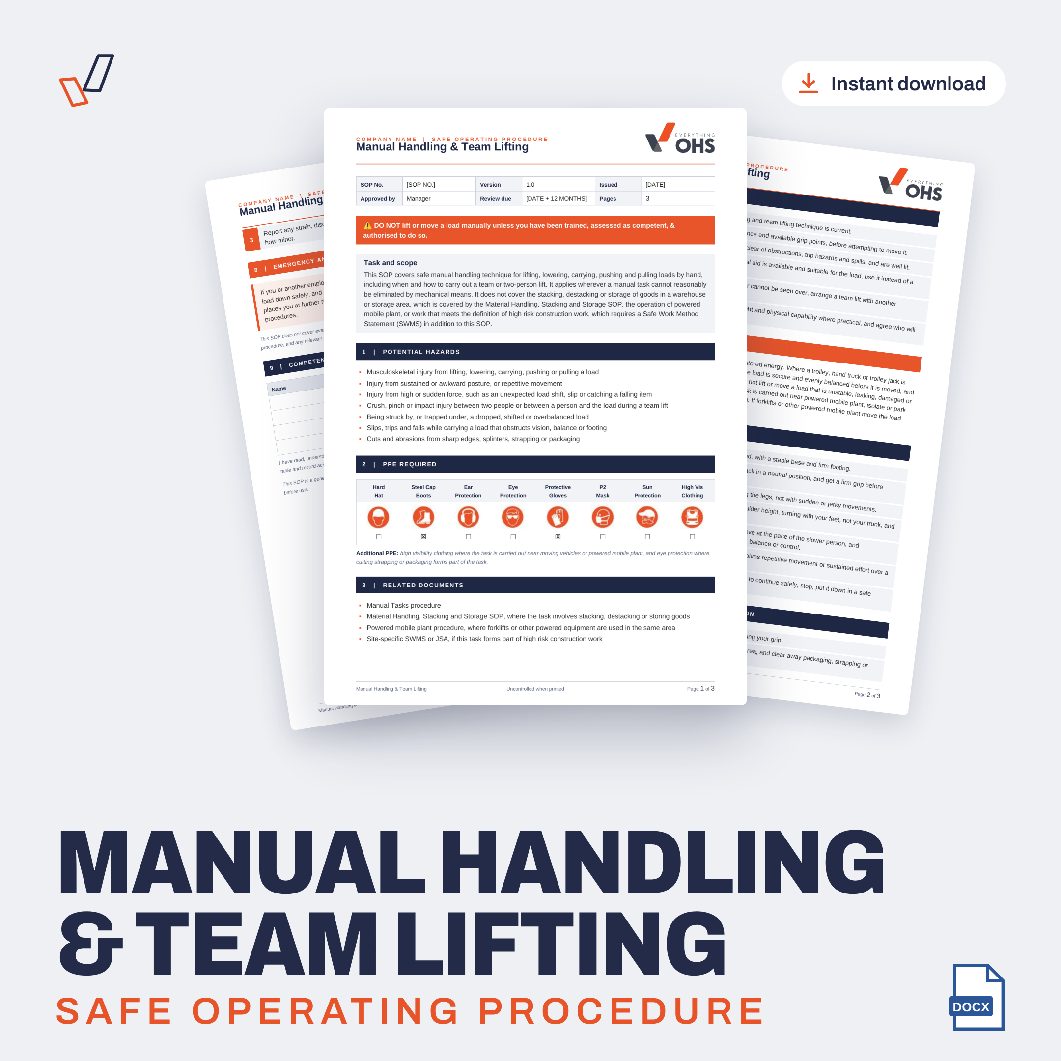 Manual Handling & Team Lifting SOP editable Word template cover, Everything OHS