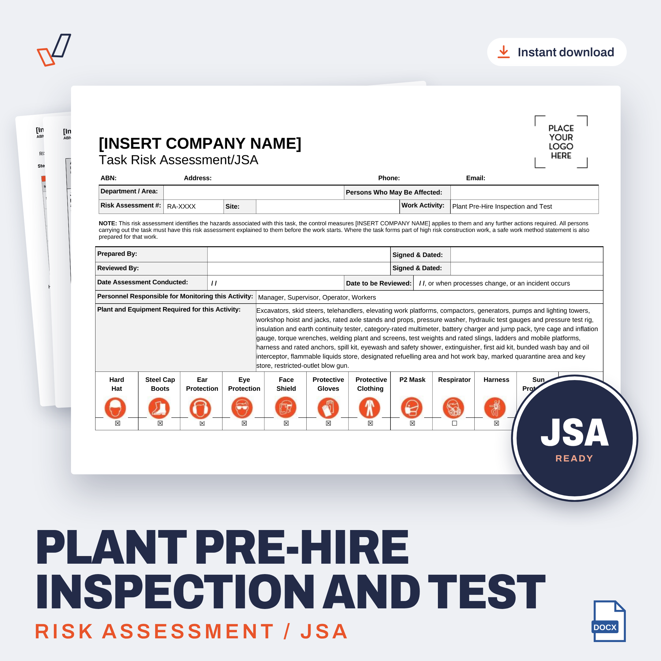 Plant Pre-Hire Inspection and Test Risk Assessment/JSA editable Word template cover, Everything OHS
