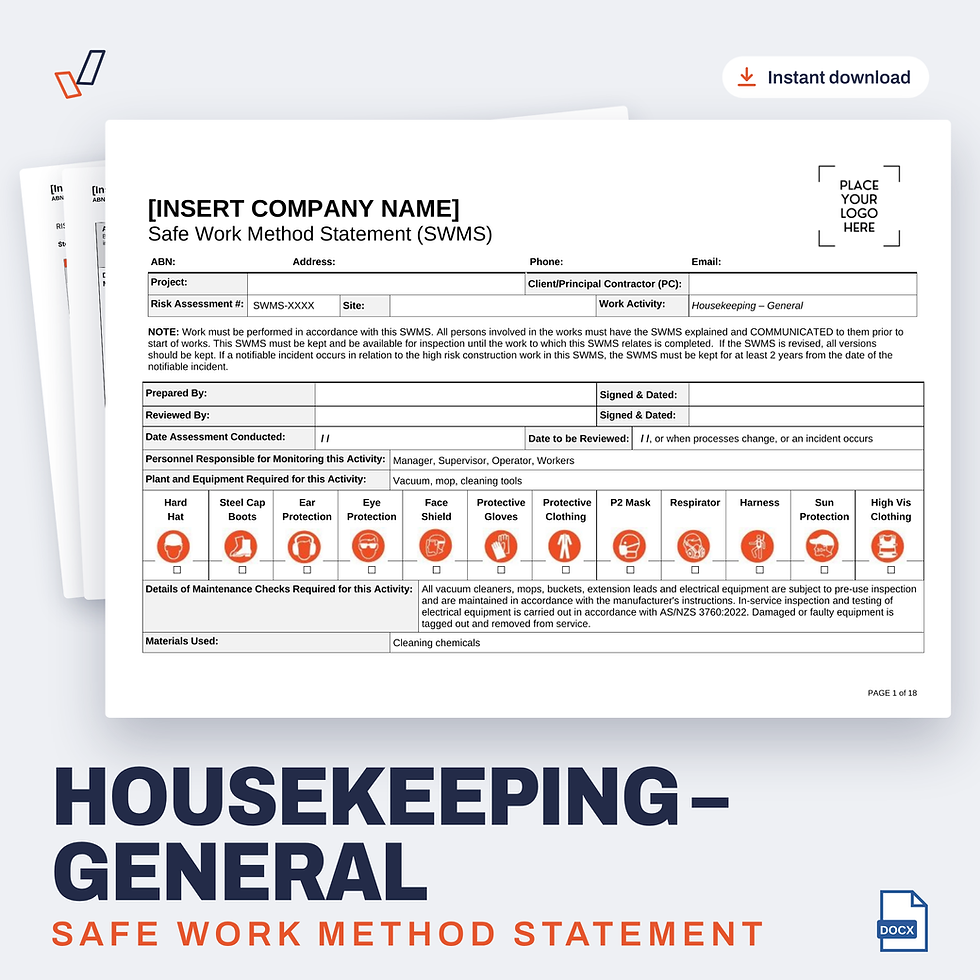 Housekeeping (General) SWMS editable Word template cover, Everything OHS
