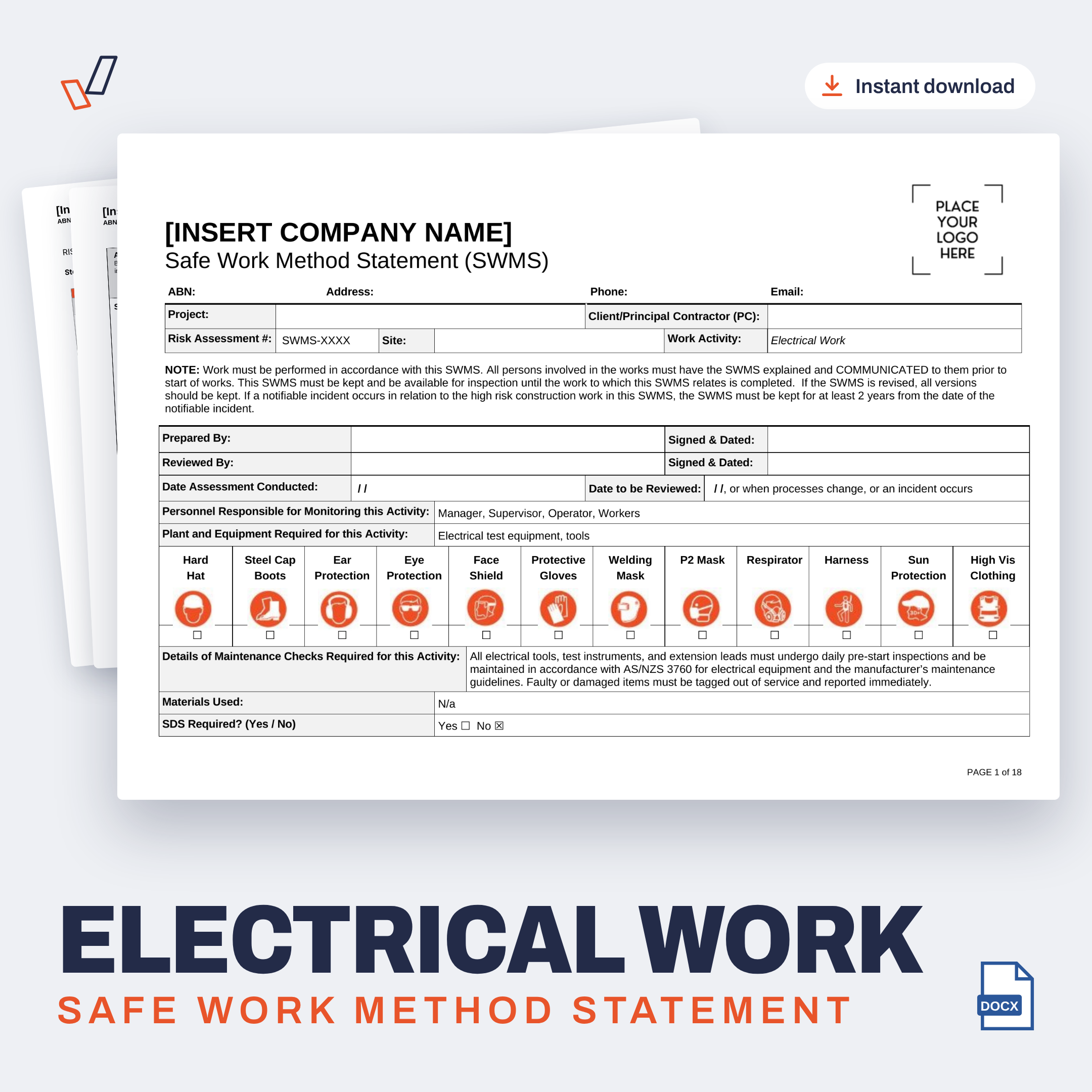 Electrical Work SWMS editable Word template cover, Everything OHS