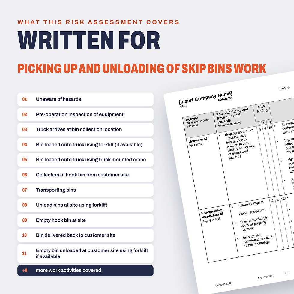 Work activities covered in the Picking Up and Unloading of Skip Bins Risk Assessment/JSA