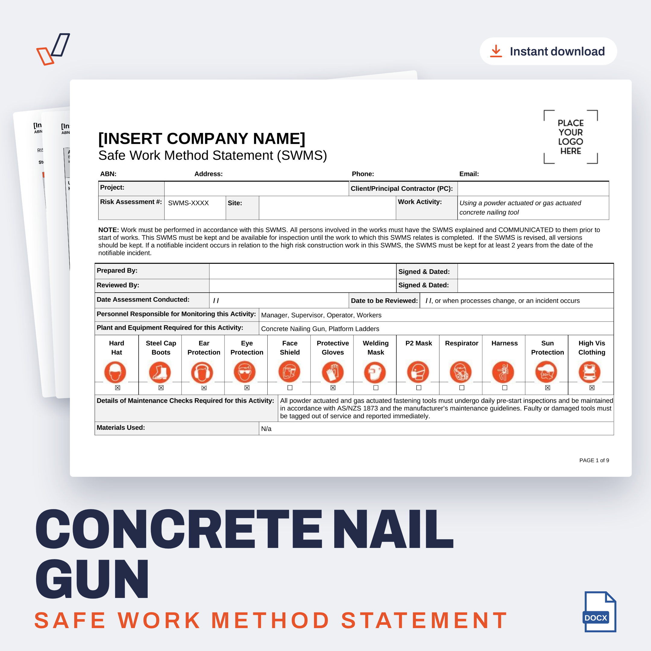 Concrete Nail Gun SWMS editable Word template cover, Everything OHS