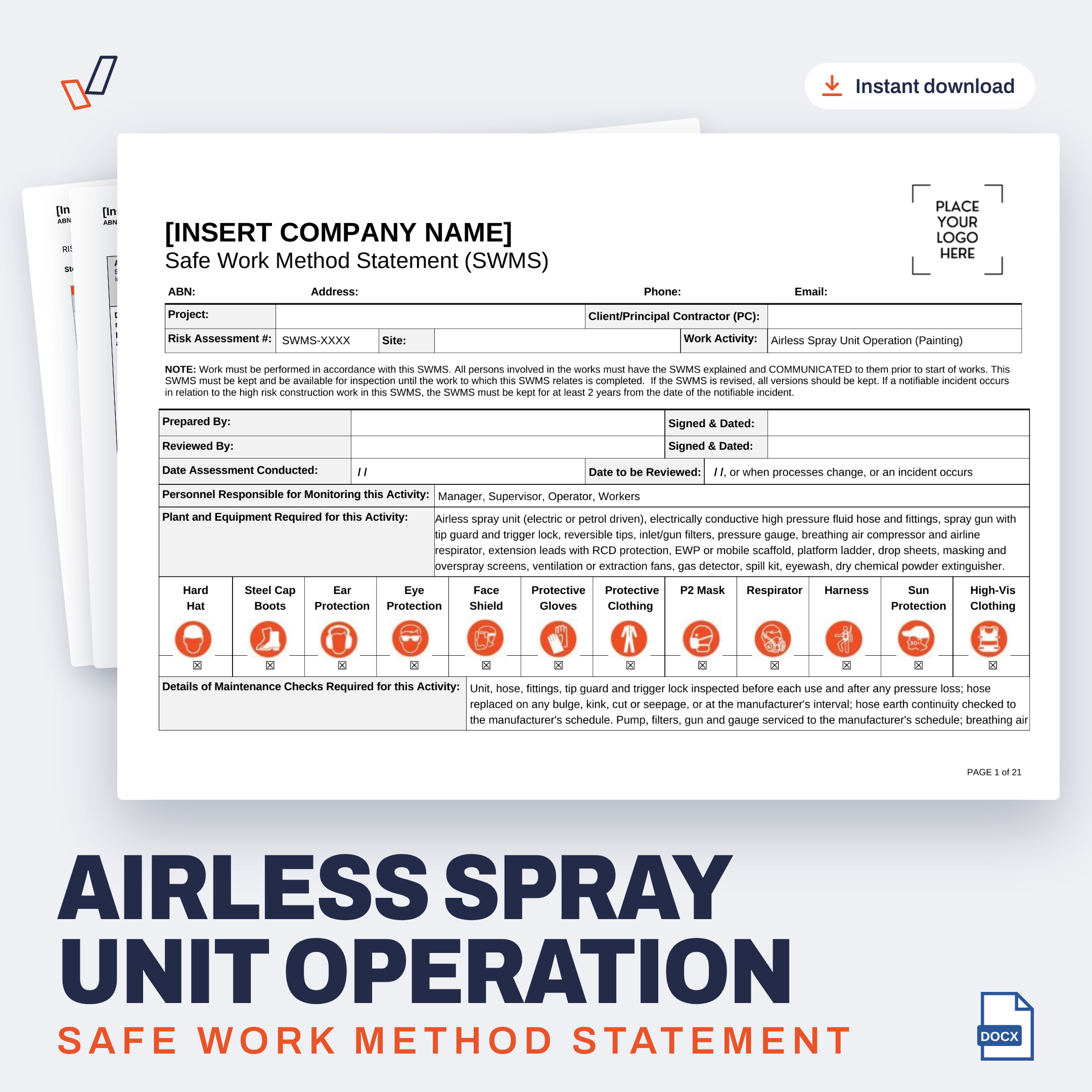 Airless Spray Unit Operation SWMS editable Word template cover, Everything OHS