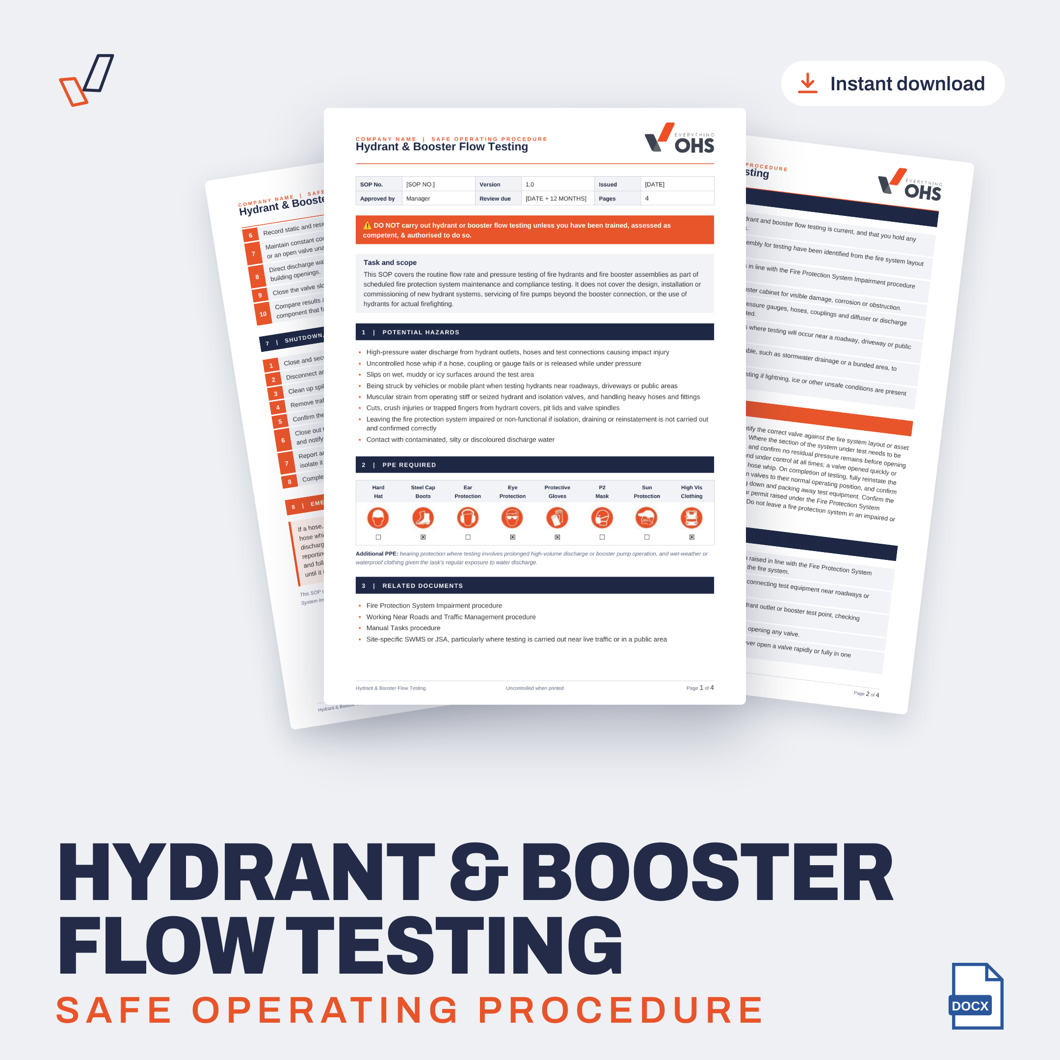 Hydrant & Booster Flow Testing SOP editable Word template cover, Everything OHS