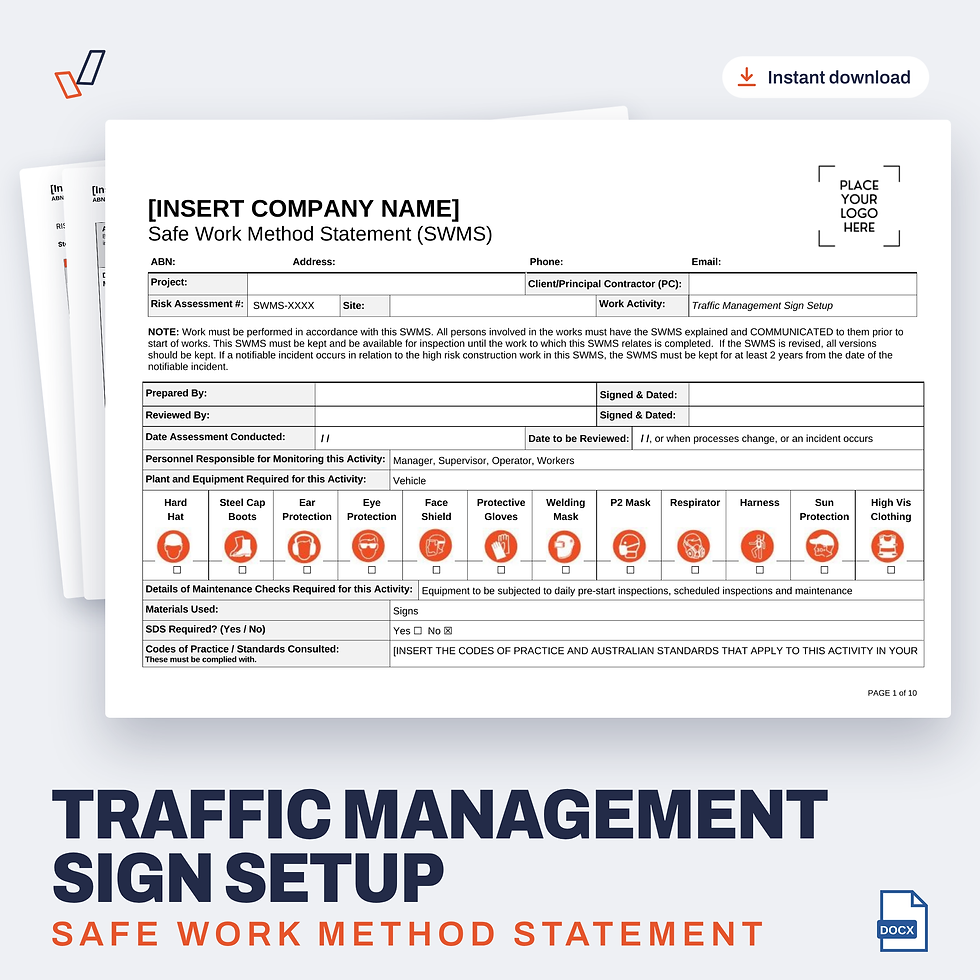 Traffic Management Sign Setup SWMS editable Word template cover, Everything OHS