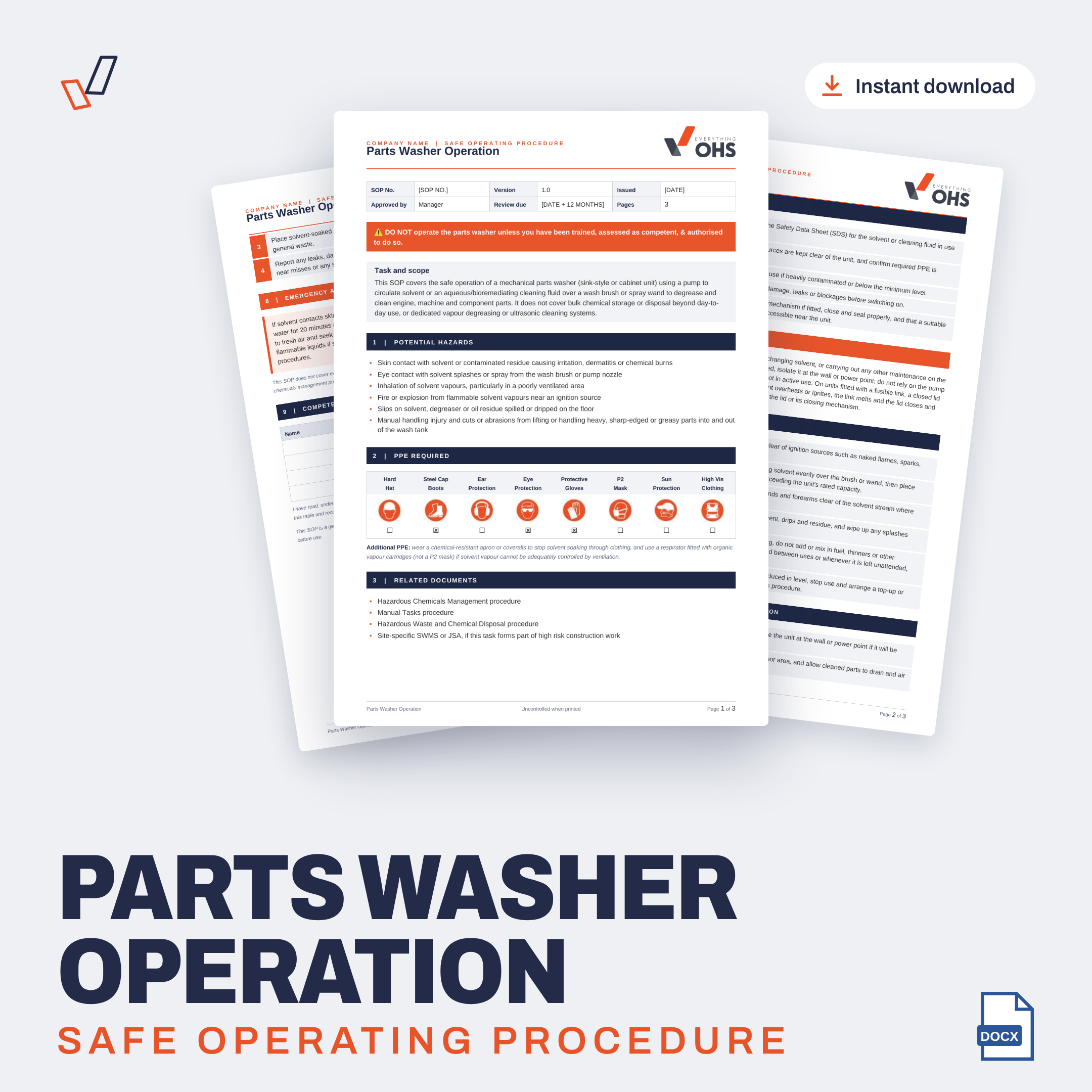 Parts Washer Operation SOP editable Word template cover, Everything OHS