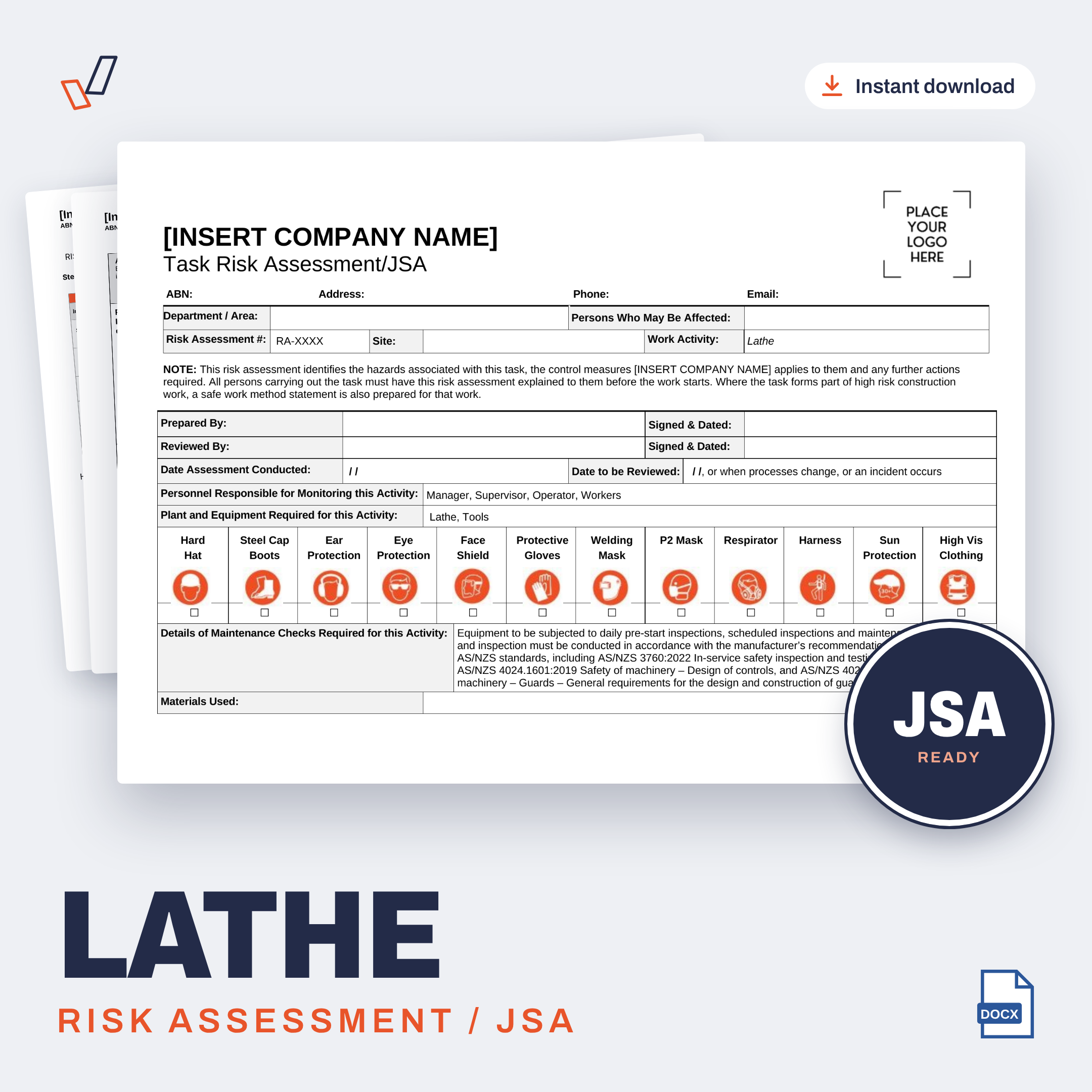 Lathe Risk Assessment/JSA editable Word template cover, Everything OHS