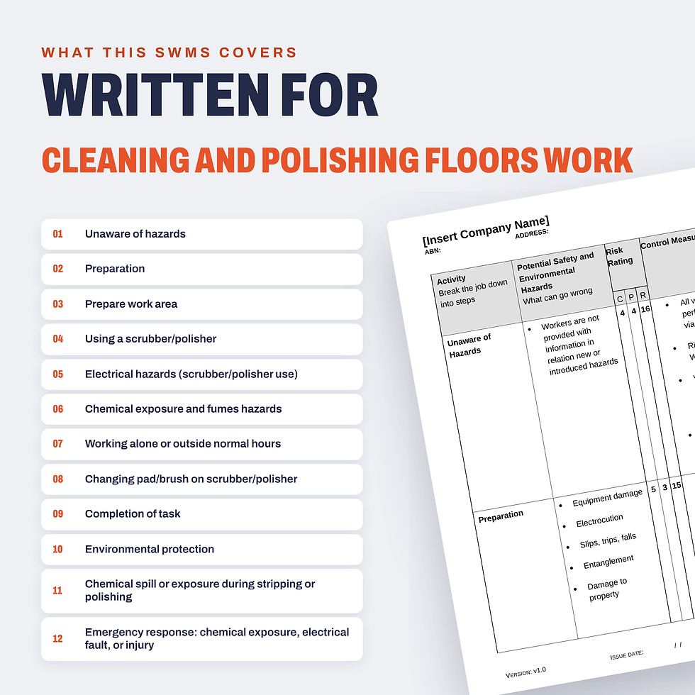 Work activities covered in the Cleaning and Polishing Floors SWMS