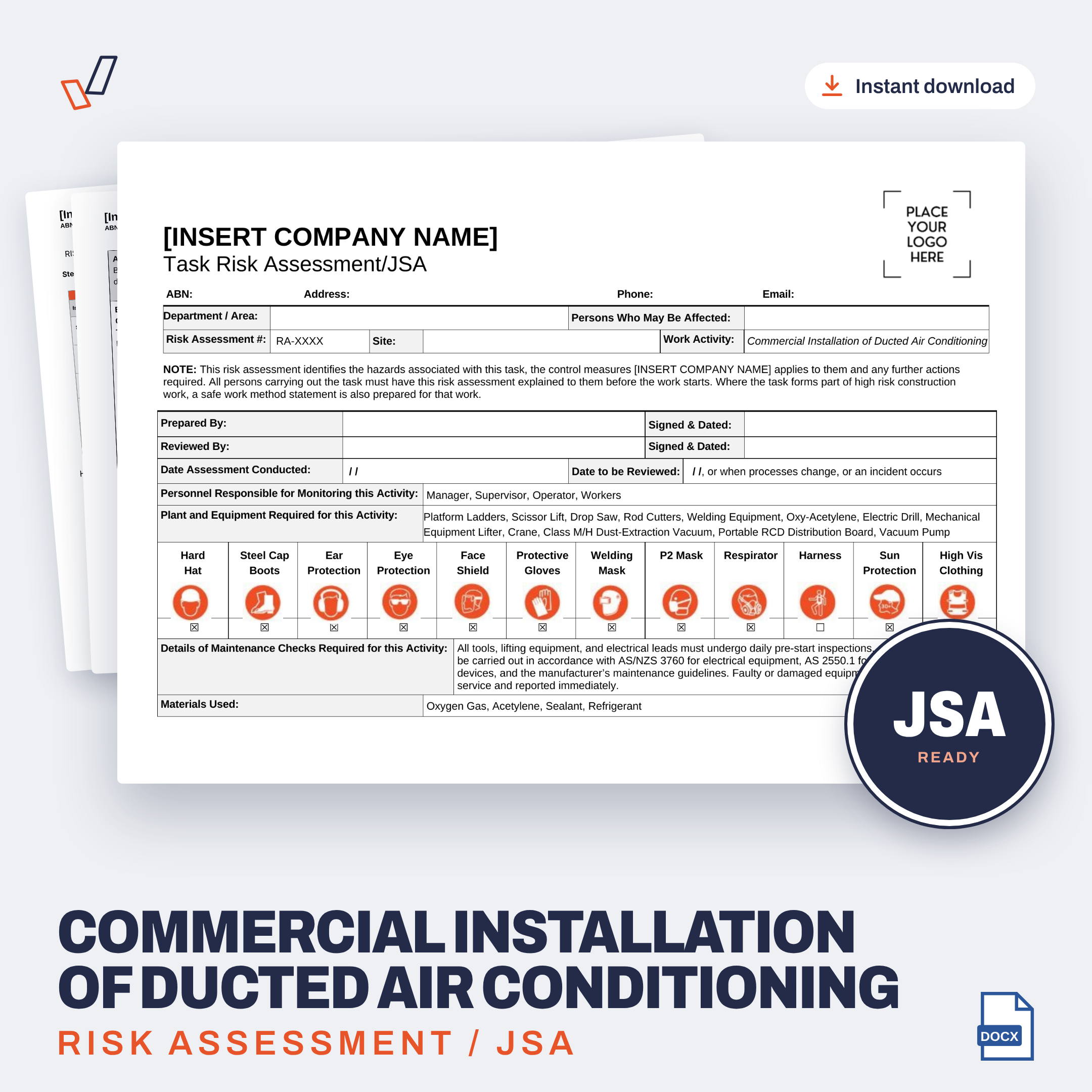 Commercial Installation of Ducted Air Conditioning Risk Assessment/JSA editable Word template cover, Everything OHS