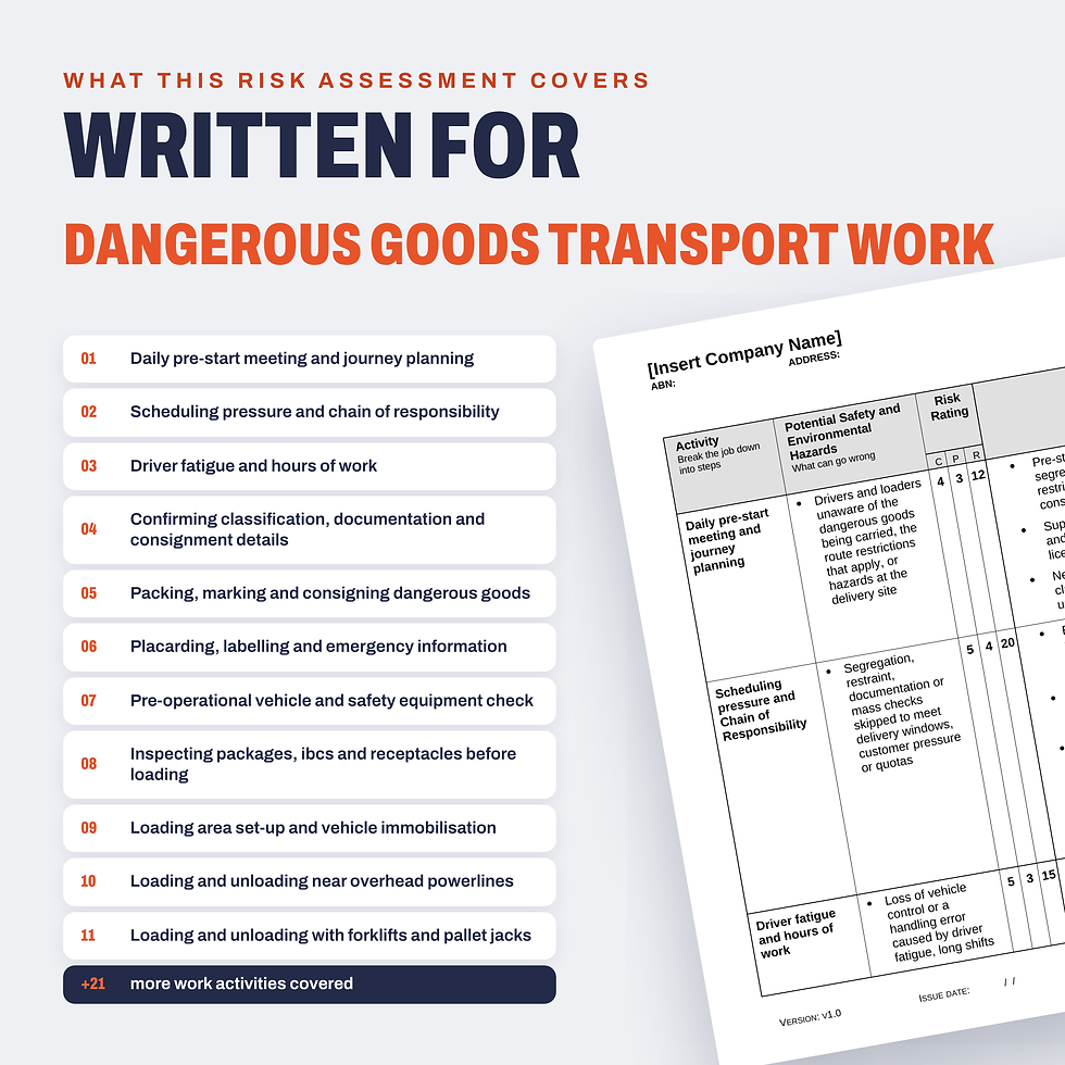 Work activities covered in the Dangerous Goods Transport Risk Assessment/JSA