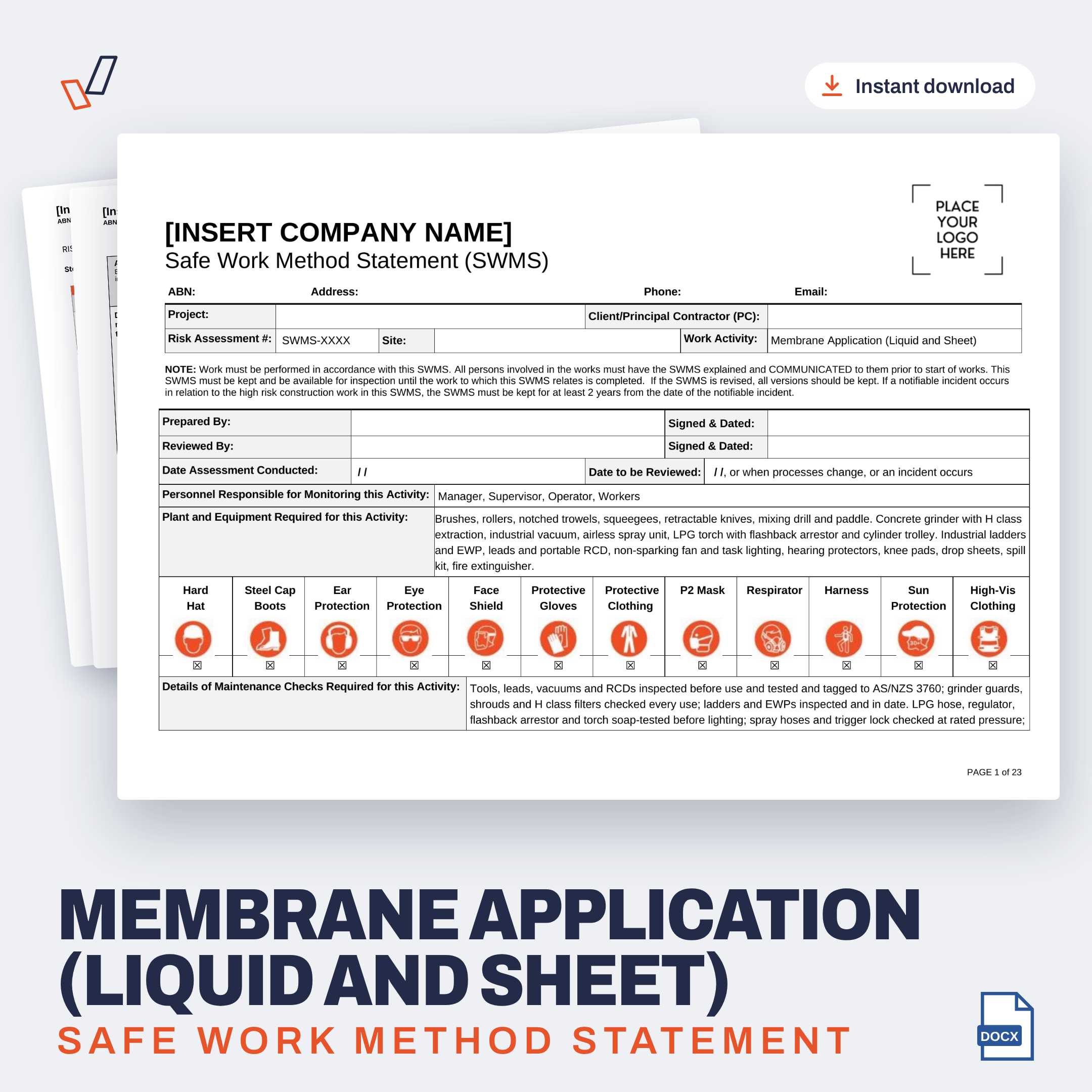 Membrane Application (Liquid and Sheet) SWMS editable Word template cover, Everything OHS