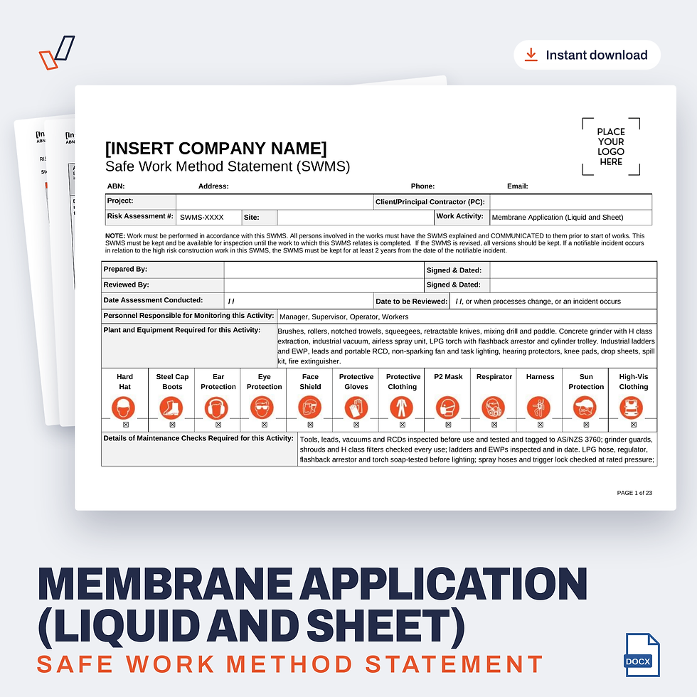 Membrane Application (Liquid and Sheet) SWMS editable Word template cover, Everything OHS