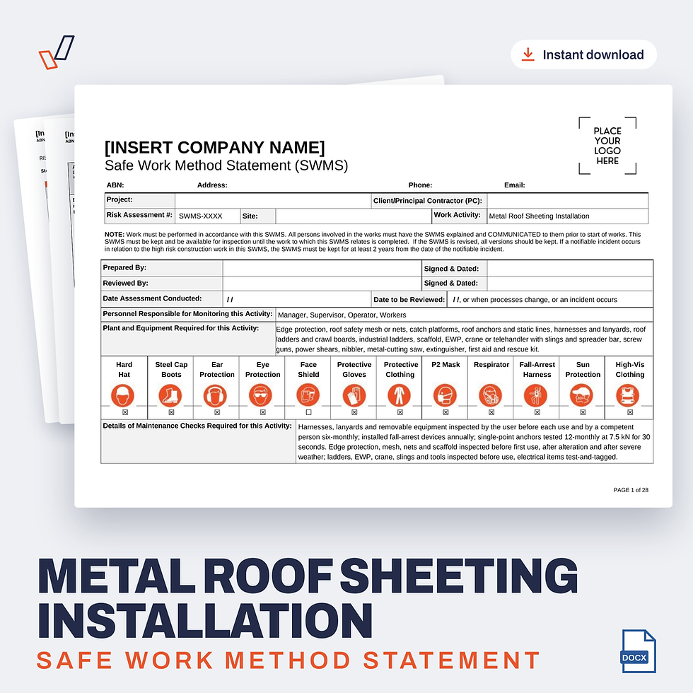 Metal Roof Sheeting Installation SWMS editable Word template cover, Everything OHS