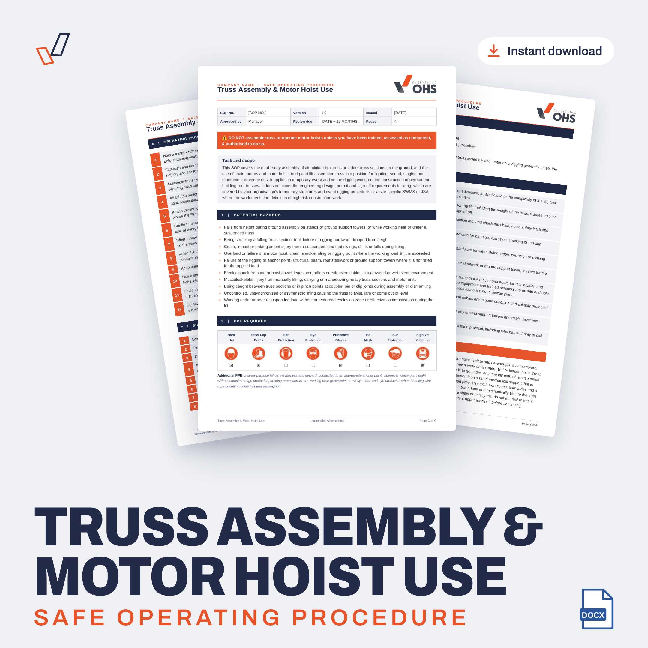 Truss Assembly & Motor Hoist Use SOP editable Word template cover, Everything OHS