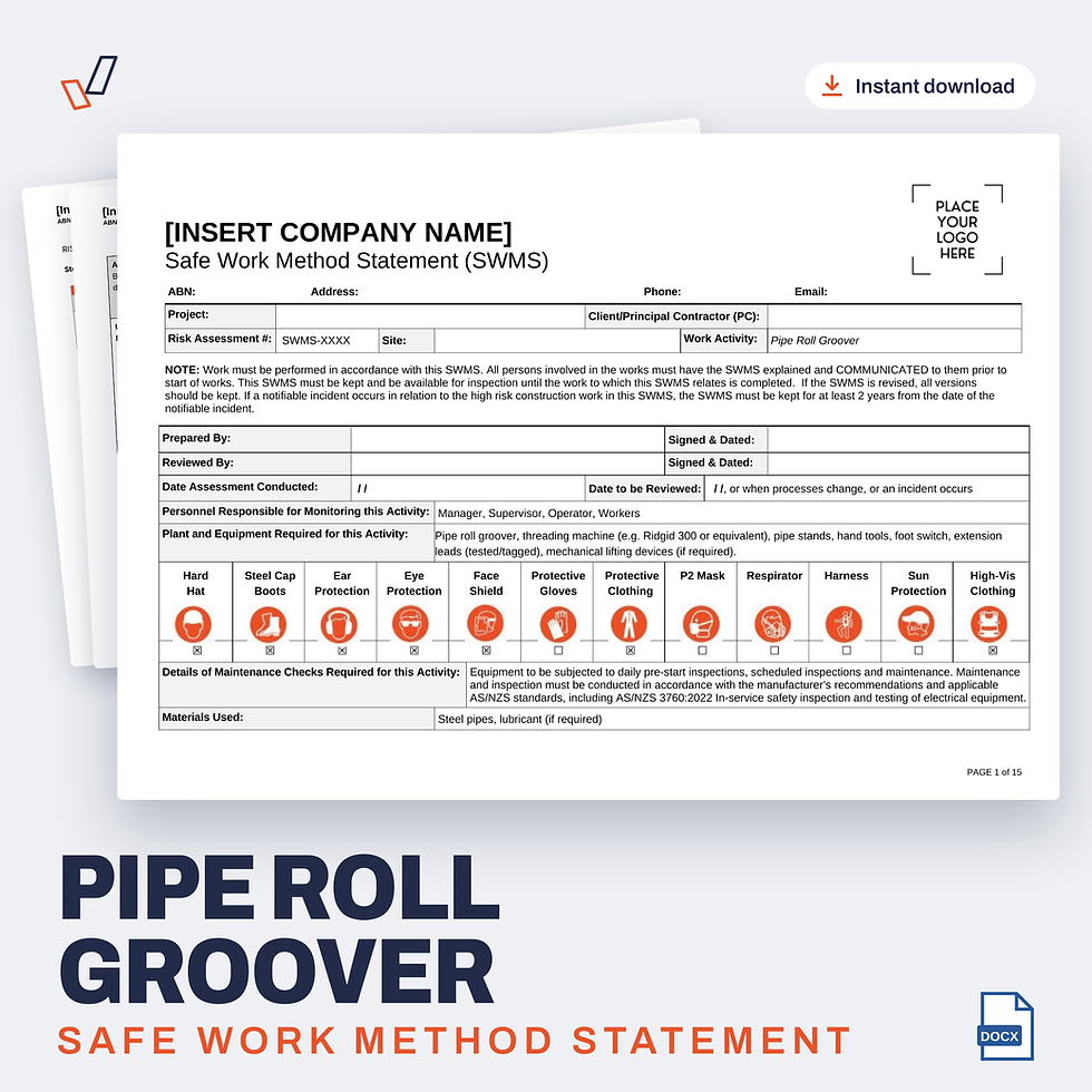 Pipe Roll Groover SWMS editable Word template cover, Everything OHS