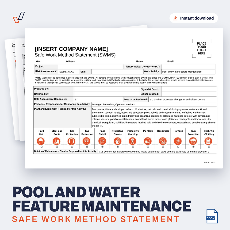 Pool and Water Feature Maintenance SWMS editable Word template cover, Everything OHS