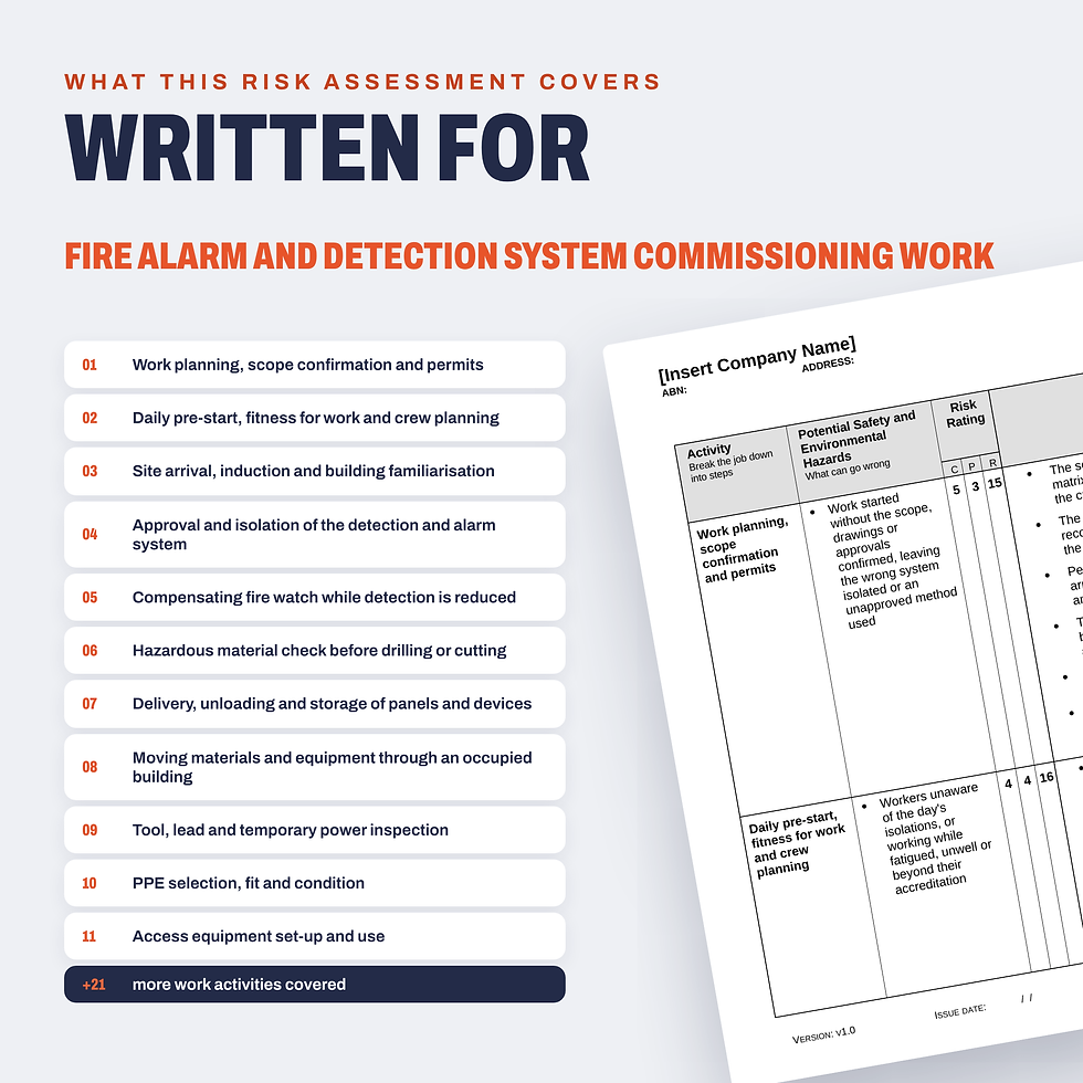 Work activities covered in the Fire Alarm and Detection System Commissioning Risk Assessment/JSA