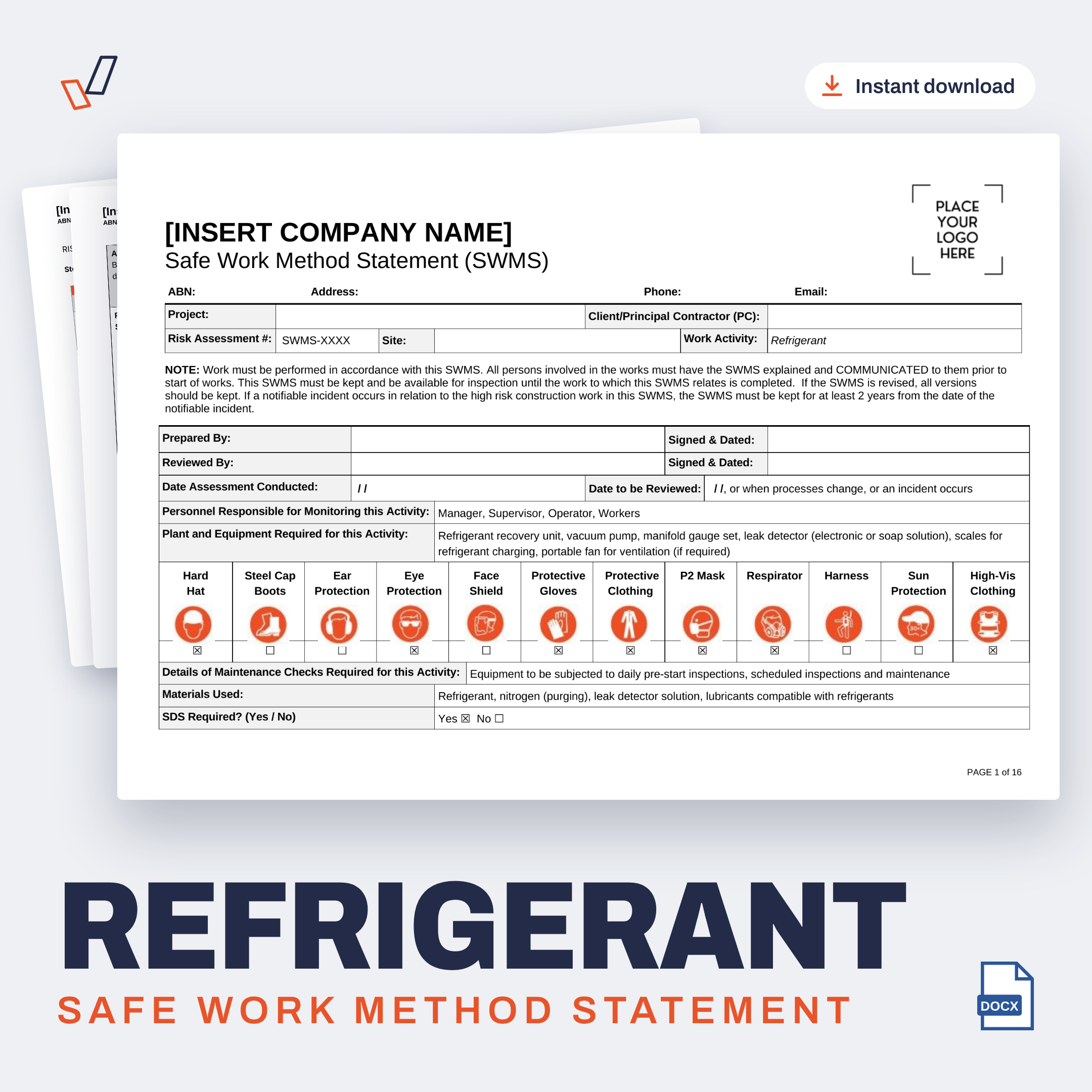 Refrigerant SWMS editable Word template cover, Everything OHS