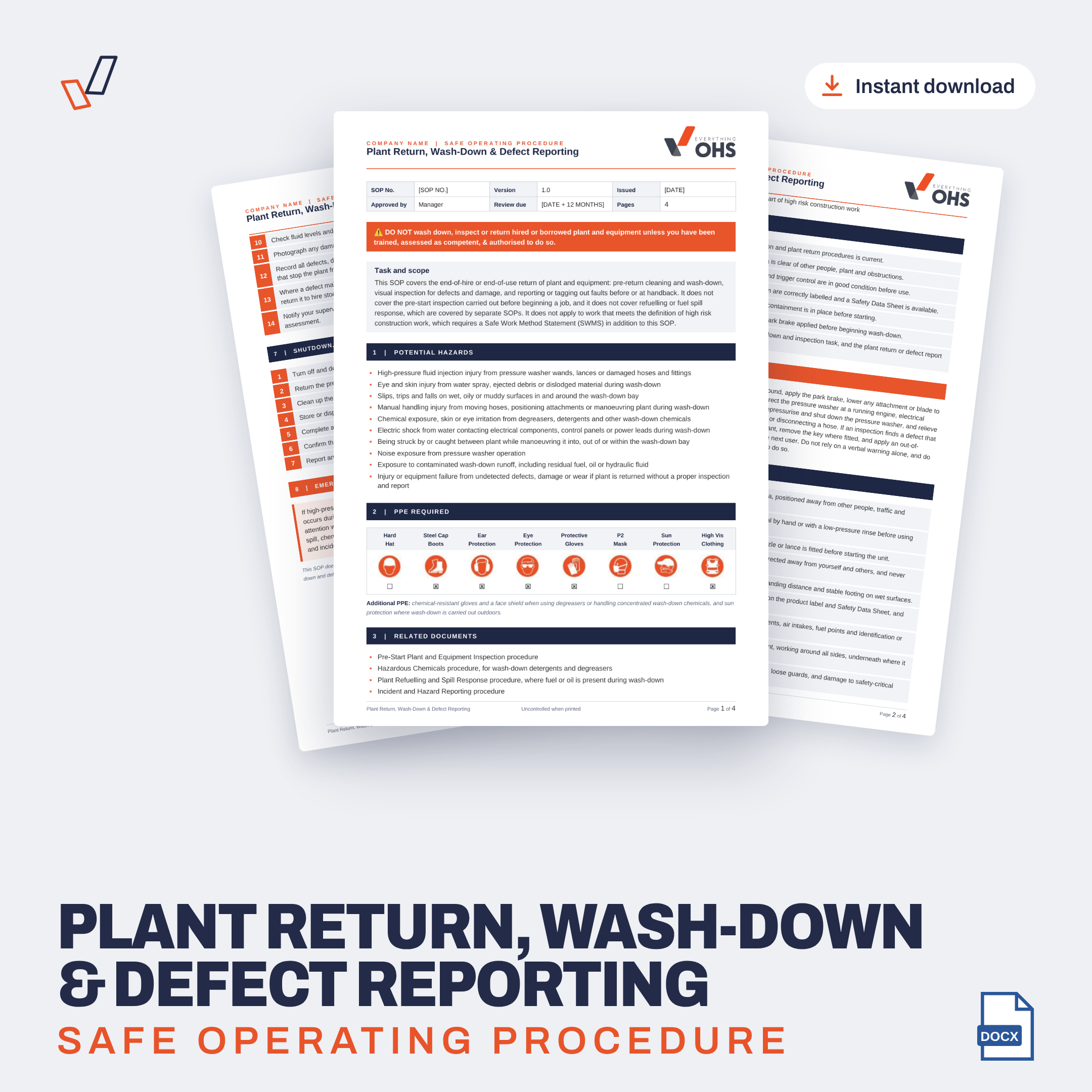 Plant Return, Wash-Down & Defect Reporting SOP editable Word template cover, Everything OHS