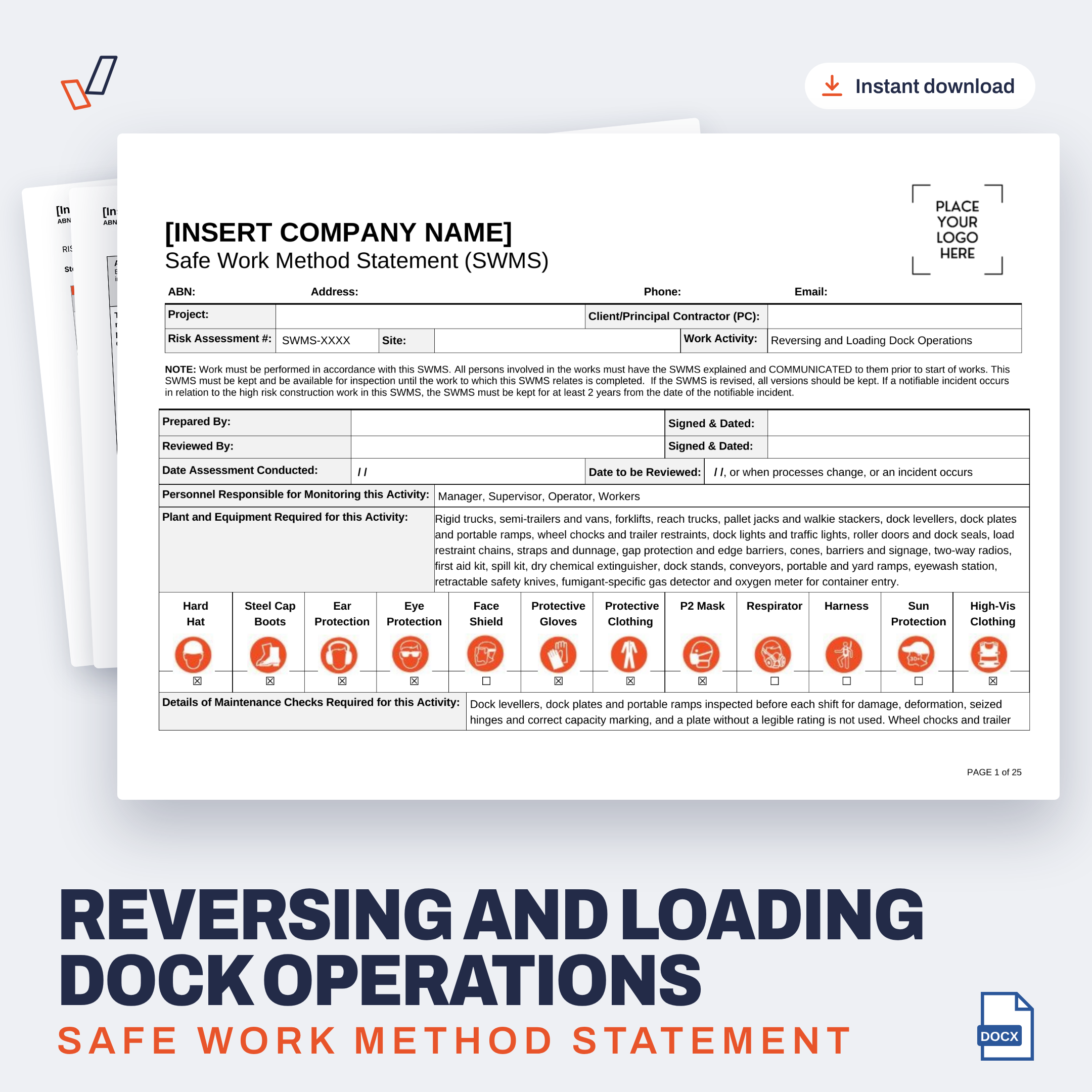 Reversing and Loading Dock Operations SWMS editable Word template cover, Everything OHS