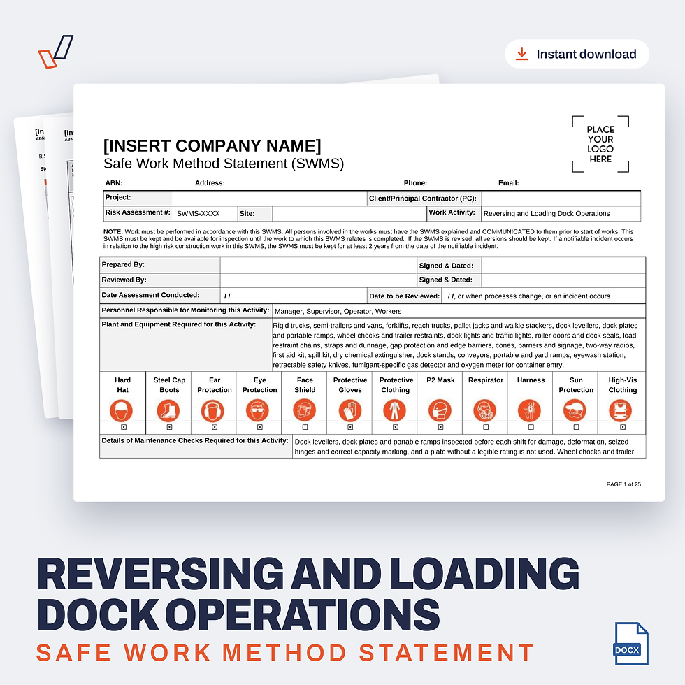 Reversing and Loading Dock Operations SWMS editable Word template cover, Everything OHS