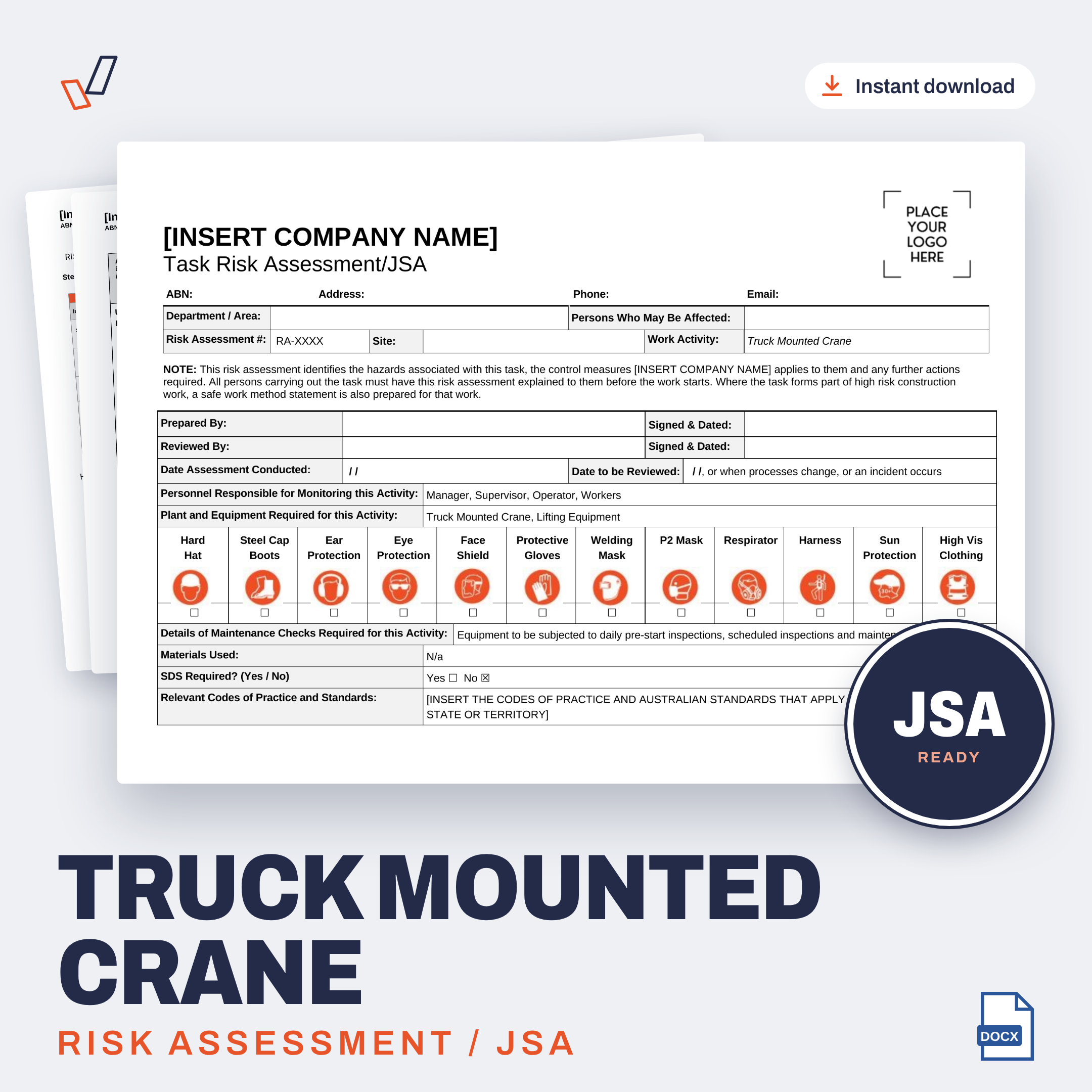 Truck Mounted Crane Risk Assessment/JSA editable Word template cover, Everything OHS