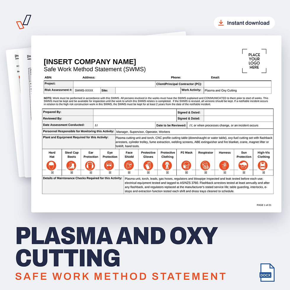 Plasma and Oxy Cutting SWMS editable Word template cover, Everything OHS